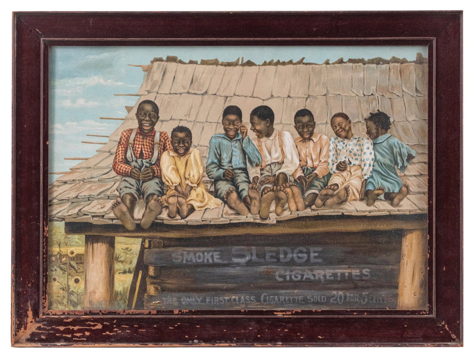FRAMED CARDSTOCK ADVERTISEMENT FOR SLEDGE CIGARETTES: Early Black Americana advertising, advertising Sledge Cigarettes The Only First Class Cigarette Sold For 5¢. Lithographed marked "LM". CONDITION: It shows great color, with areas of wear primaril