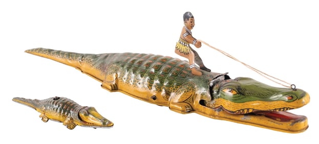 PAIR OF LARGE AND SMALL CROCODILE TIN WIND-UP TOYS