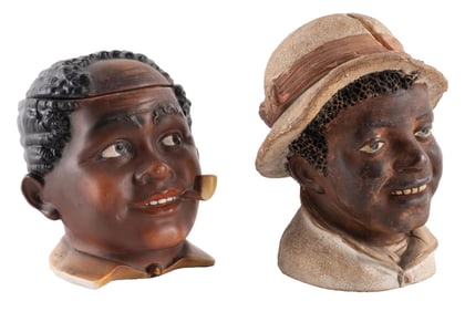 PAIR OF BLACK AMERICANA TOBACCO CANISTERS