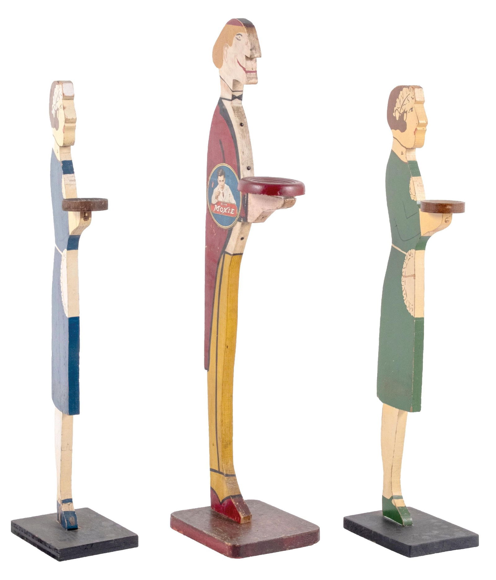 COLLECTION OF 3 MOXIE BOTTLE STANDS: C. 1920. CONDITION: A collection of three wooden Moxie bottle stands, which were primarily used for window displays, country stores, and front windows on city streets. (A) A butler, which has a Moxie