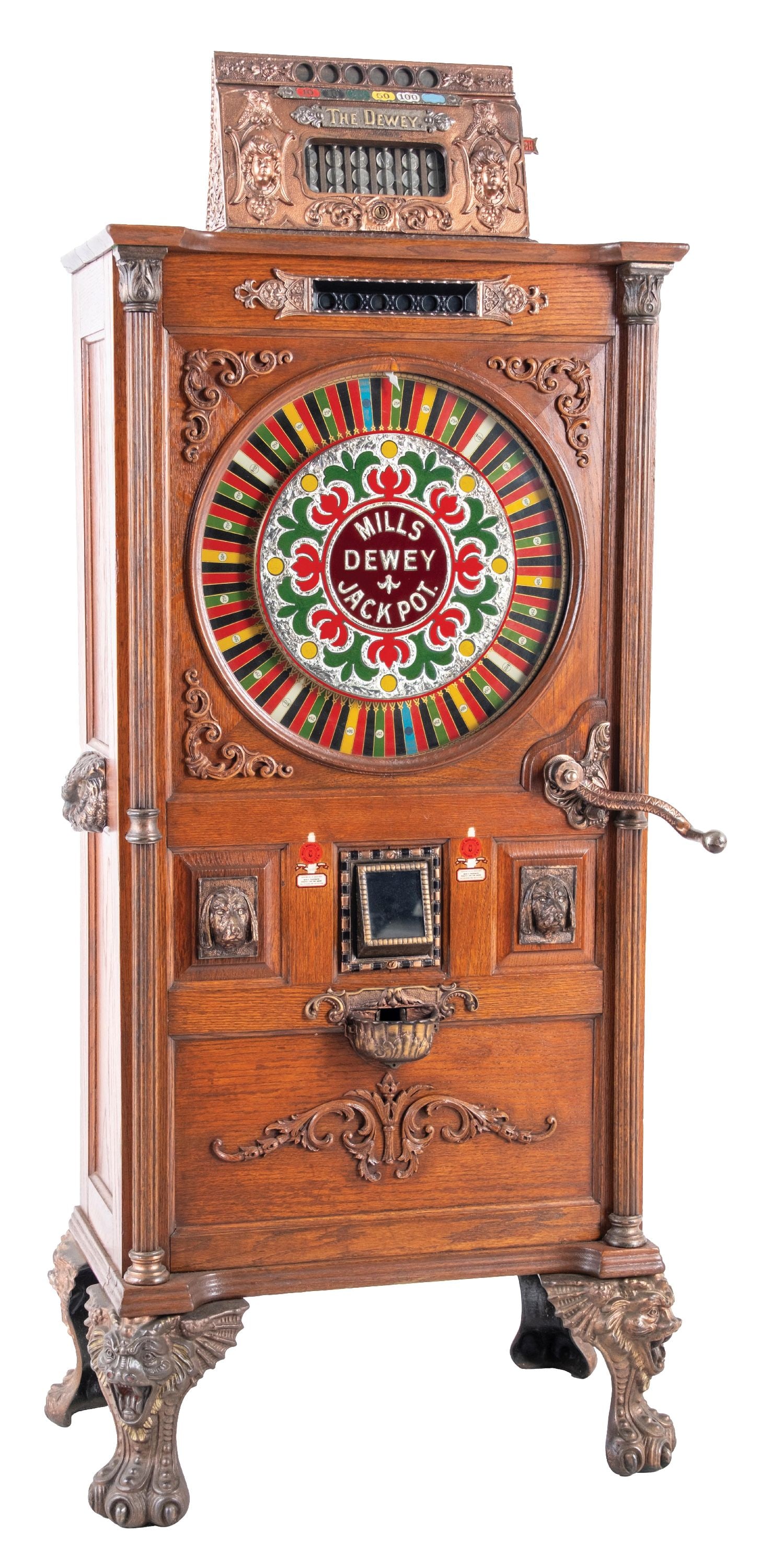 5¢ MILLS NOVELTY CO. CHICAGO DEWEY JACKPOT UPRIGHT SLOT MACHINE: C. 1910. The Mills Novelty Co. Chicago IL. An earlier restoration of a Chicago Dewey Jackpot slot machine showing the Mills Jackpot Dewey front glass graphic and copper flash castings. Quartered oak c