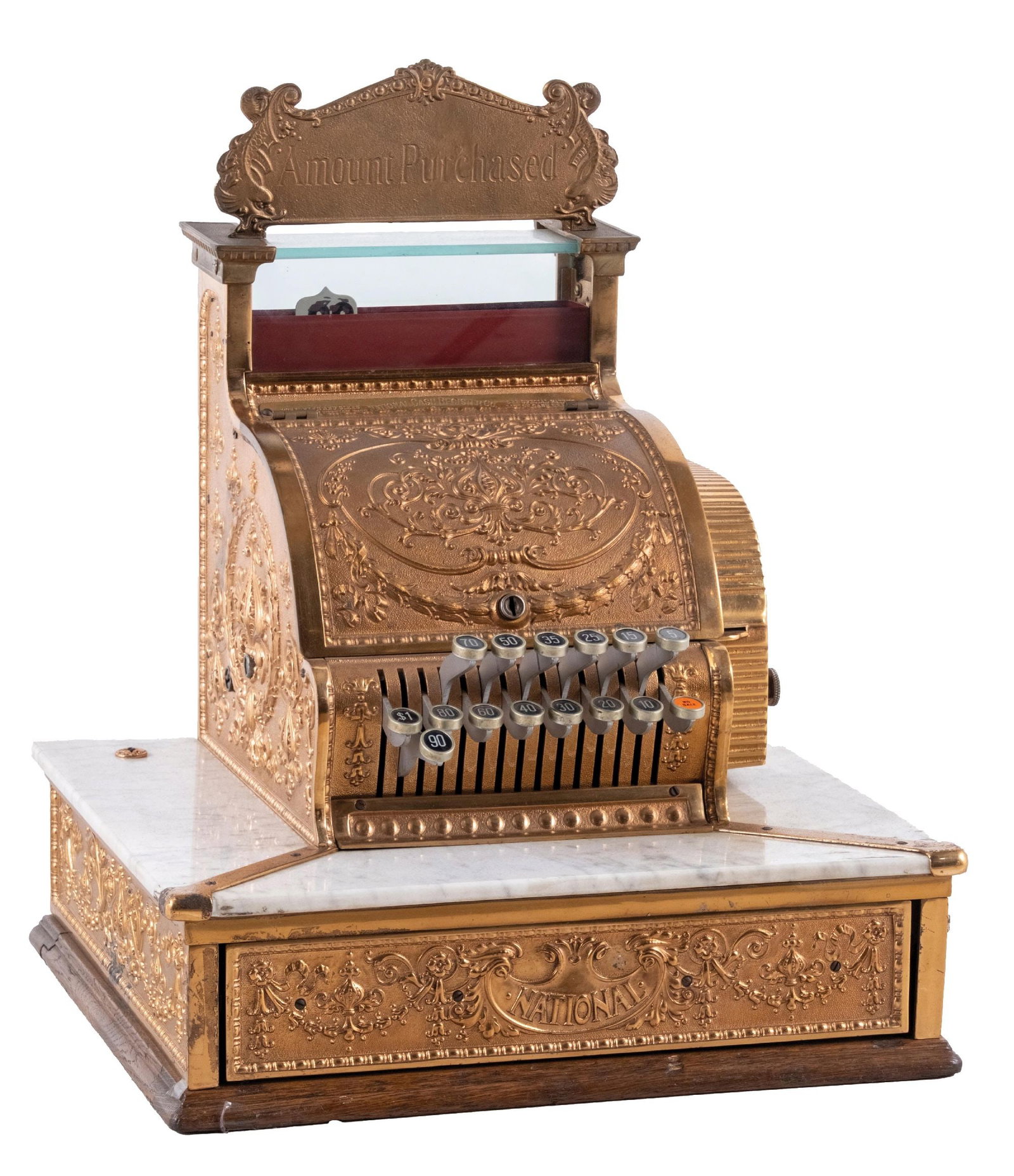 EXTENDED BASE NATIONAL CASH REGISTER: C. 1905. CONDITION: Showing an older restoration with new key checks and price flags. New marble shelves, top sign, and currently jammed. This is not a standard shippable item and will require 3rd par