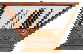 CATTARAUGUS CUTLERY CO. STRAIGHT RAZOR SHOWCASE: A very nice example of a straight razor showcase by the Cattaraugus Cutlery Company out of Little Valley, New York. CONDITION: It is two-sided, showing labels on both sides. It shows light wear to the