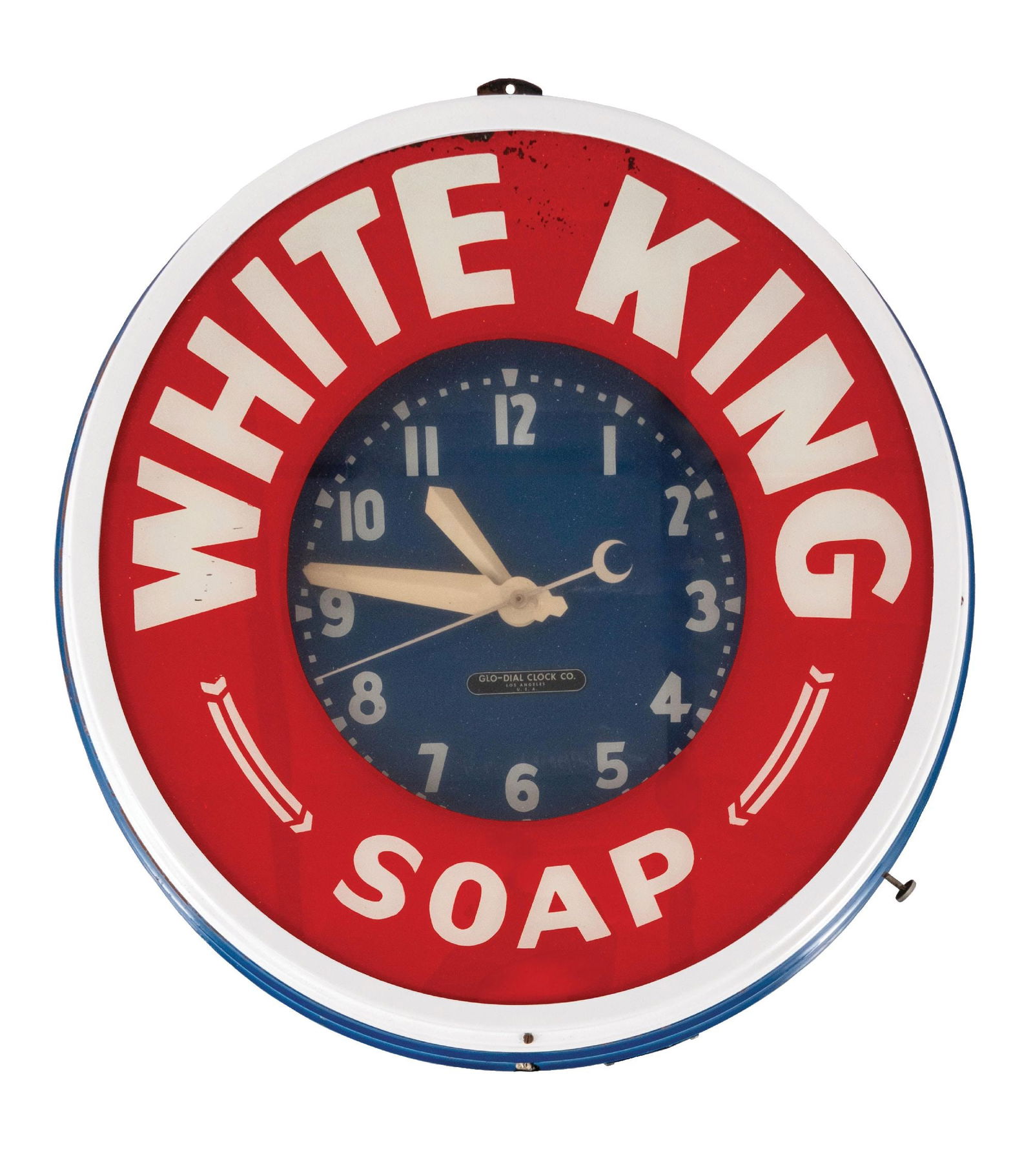 WHITE KING SOAP GLO-DIAL NEON CLOCK: CONDITION: It shows an original can, front reverse painted sign, clock face, and Glo-Dial decal. The can shows some areas of surface rust and missing paint. The front reverse glass lettering shows som