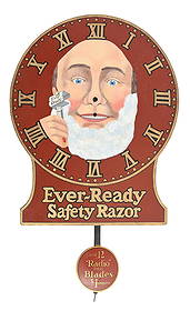 EVER-READY SAFETY RAZOR WOOD CLOCK: Beautiful wood-painted Ever-Ready Safety Razor clock with man shaving. CONDITION: Has original movement with metal pendulum. Some light wear to clock face, with some minor splitting to the wood. Some