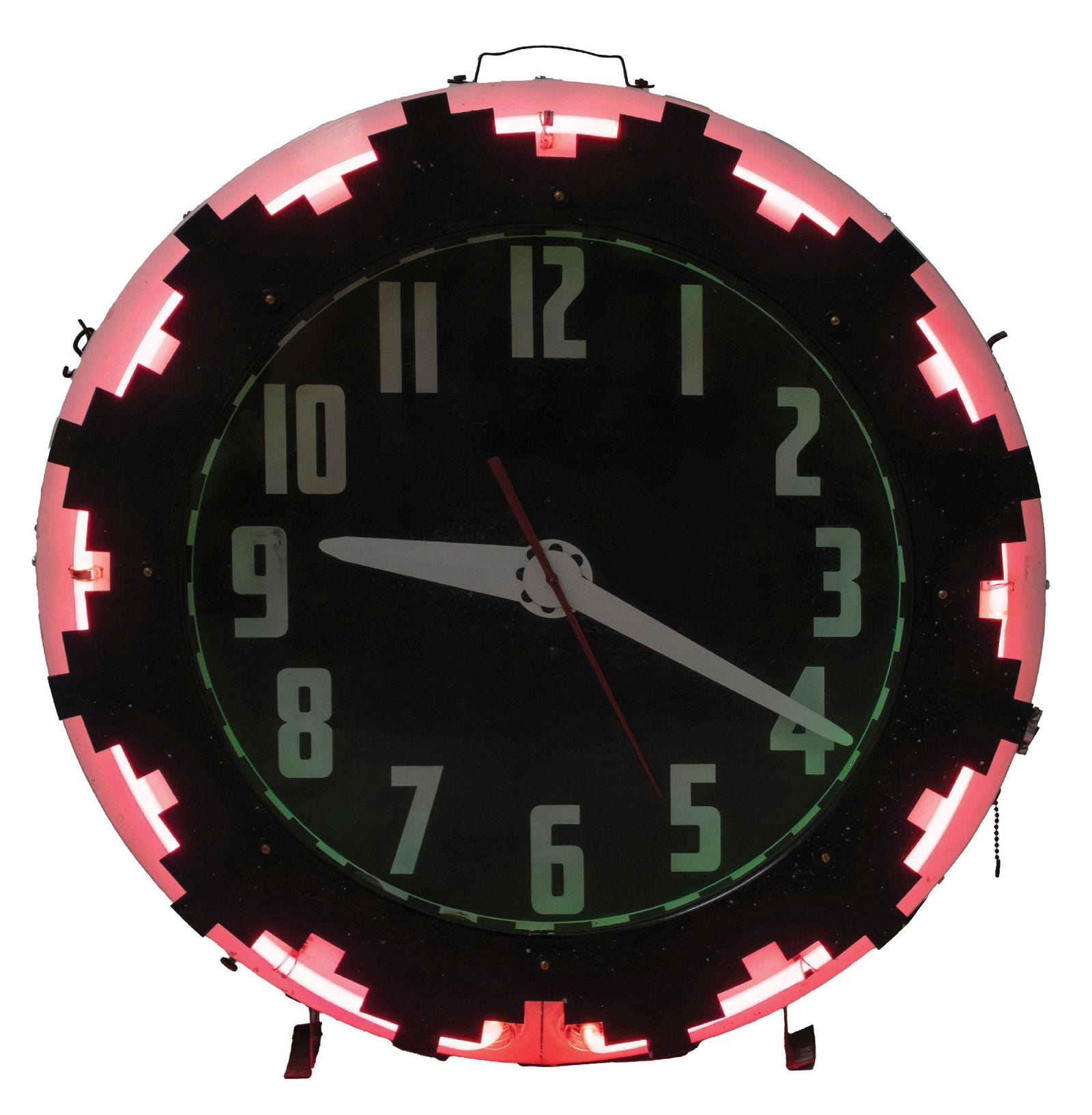 GLOW DIAL AZTEC NEON CLOCK: CONDITION: It shows an original can with very little original paint and oxidized finish. It has a new external neon bulb, and needs an internal neon bulb. Currently, the clock is working and neon is i