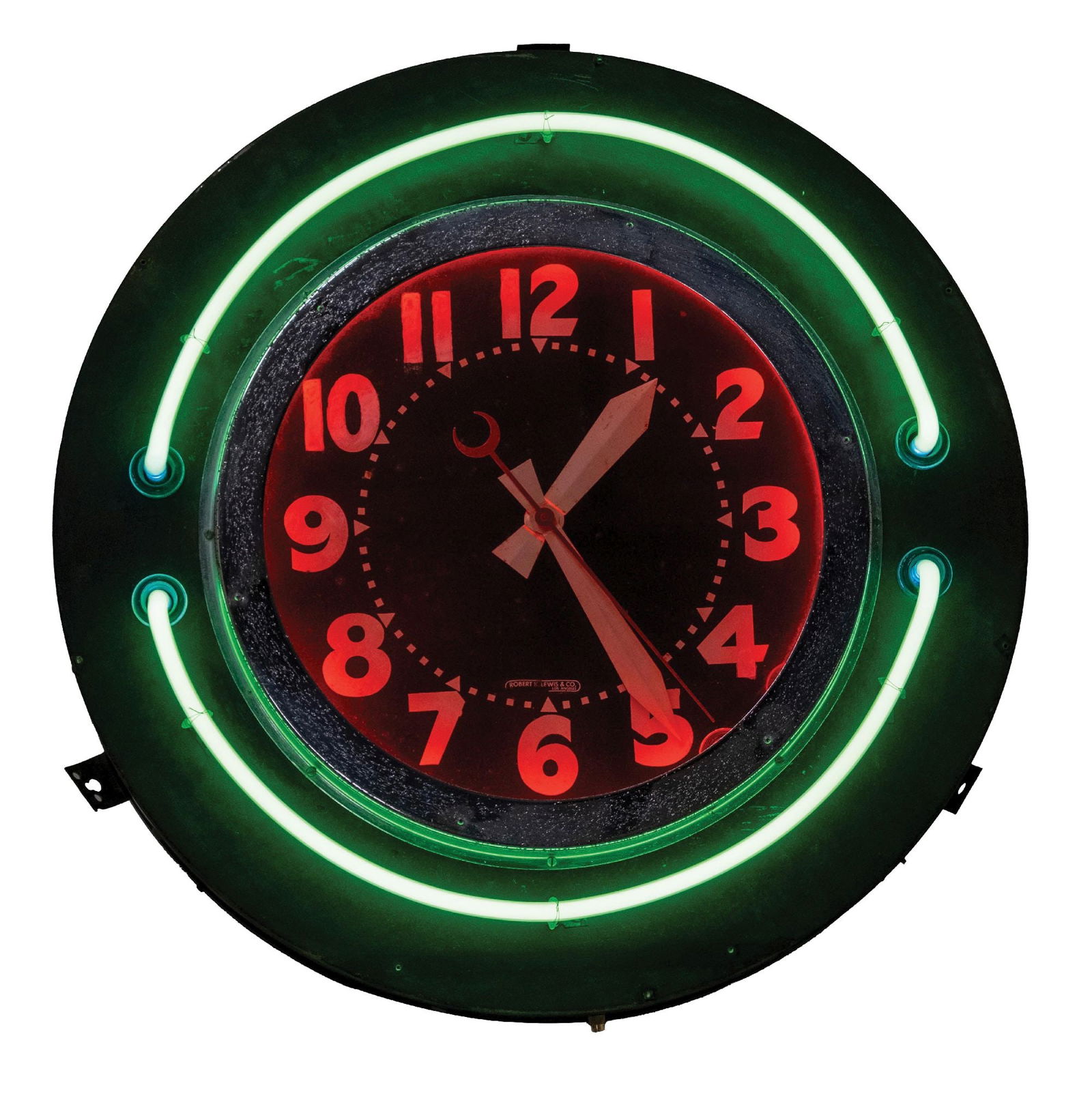 ROBERT K. LEWIS & CO. LOS ANGELES NEON CLOCK: A two-tubed neon clock, inner and outer tube, made by the Robert K. Lewis & Company out of Los Angeles. CONDITION: It shows the original can, clock face, hands, bezel, and new tubes. There are some ar