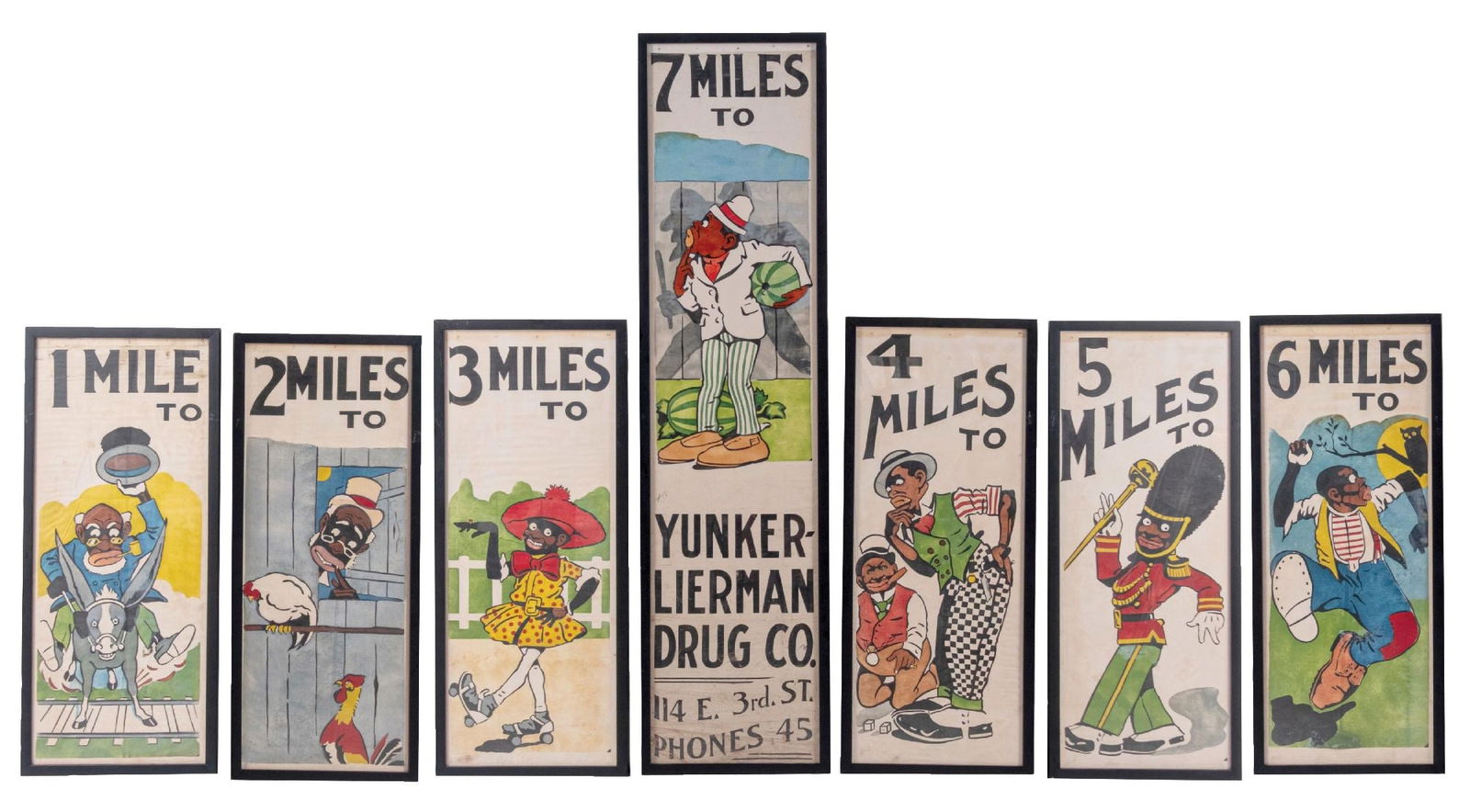 COLLECTION OF 7 ITHACA SIGN BLACK AMERICANA ROAD MILEAGE SIGNS ON BANNER CLOTH (1 of 2)