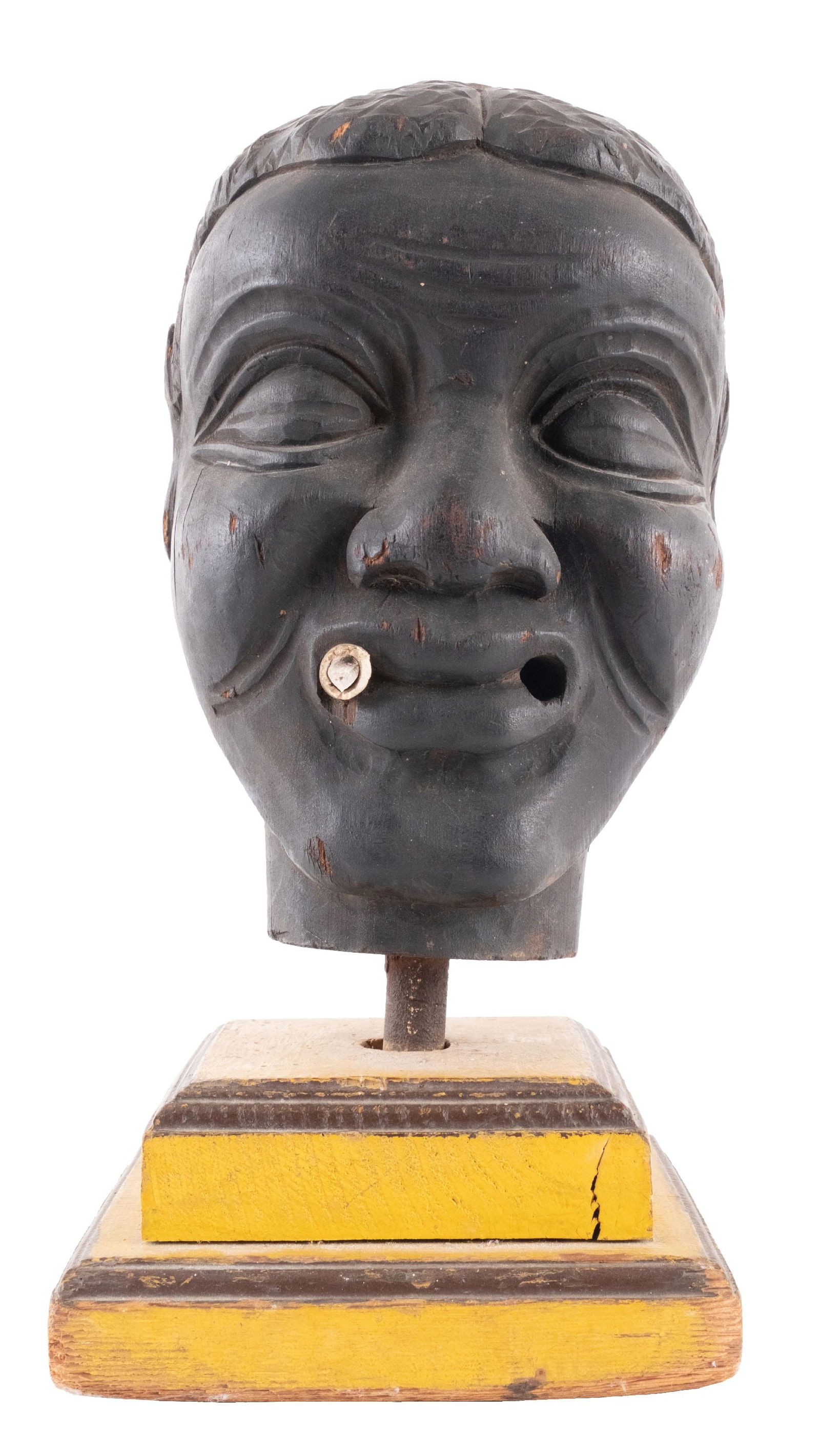 BLACK AMERICANA WOODEN CARNIVAL HEAD ON YELLOW STAND (1 of 5)