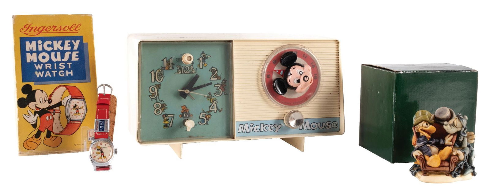 COLLECTION OF 3 MICKEY MOUSE MEMORABILIA ITEMS: CONDITION: (A) A Mickey Mouse General Electric radio alarm clock. Original plastic construction, with an original cord and back. It has correct Mickey Mouse dial and clock face. It lights, and the clo