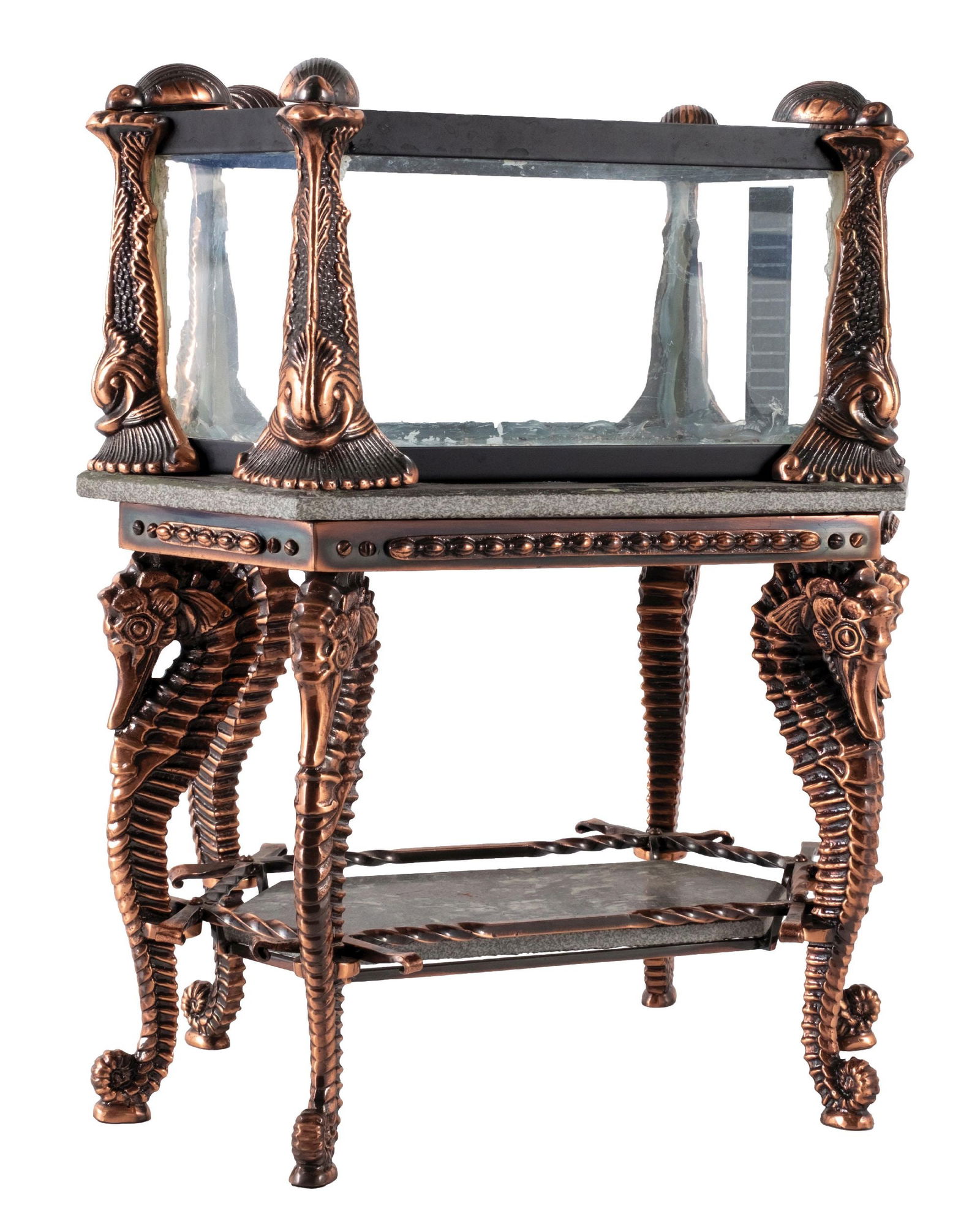 MINIATURE TWO-TIER SIZE ORNATE TERRARIUM: CONDITION: Copper oxidized cast iron base, with serpents and seahorses. The top part shows shell clasps with all original glass, showing some areas of hazing due to having held water at one time. Ther