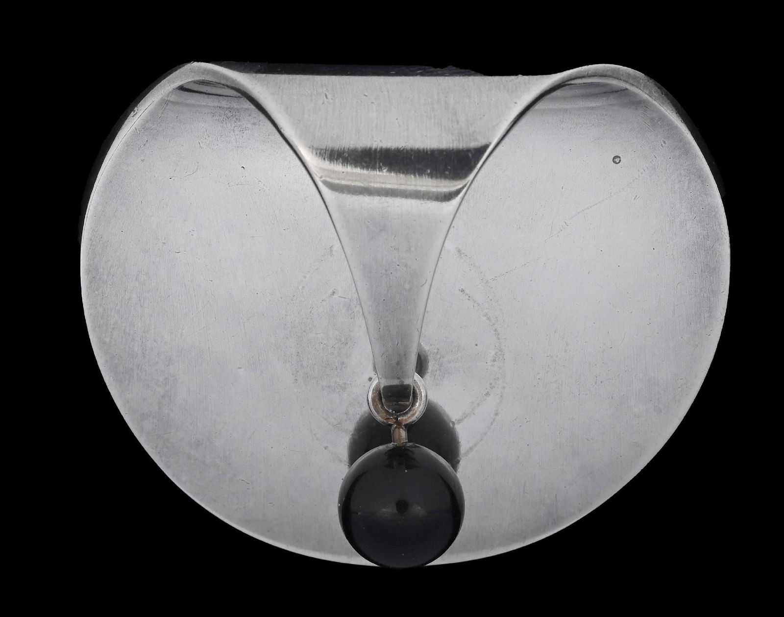 GEORG JENSEN STERLING SILVER & ONYX BROOCH #336: Georg Jensen sterling silver brooch with onyx bead dangle. Signed and numbered 336. Width measures 1-3/4". Gross weight is 21.3 grams. Condition: (Very Good-Excellent). Dimensions: