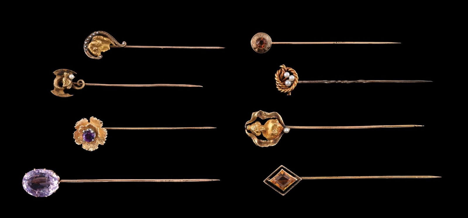 COLLECTION OF 8 ANTIQUE STICKPINS, 6 MARKED GOLD (1 of 2)