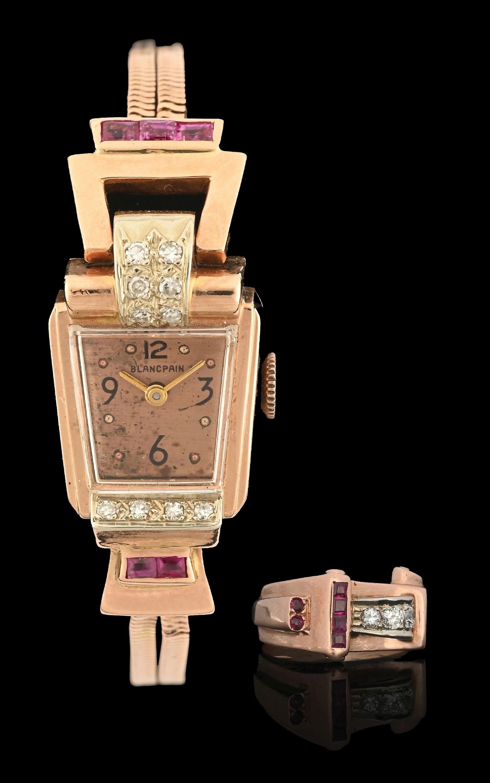 14K ROSE & WHITE GOLD RUBY & DIAMOND WATCH & RING SET (1 of 11)