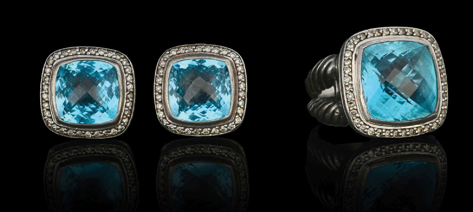 SET OF DAVIID YURMAN STERLING SILVER BLUE TOPAZ & DIAMOND RING AND EARRINGS: Ladies' set of matching sterling silver David Yurman blue topaz and diamond earrings and ring. Each marked "D. YURMAN 925". Earrings measures 16.5mm across, ring measures 20mm to top. Finger size 7-1/