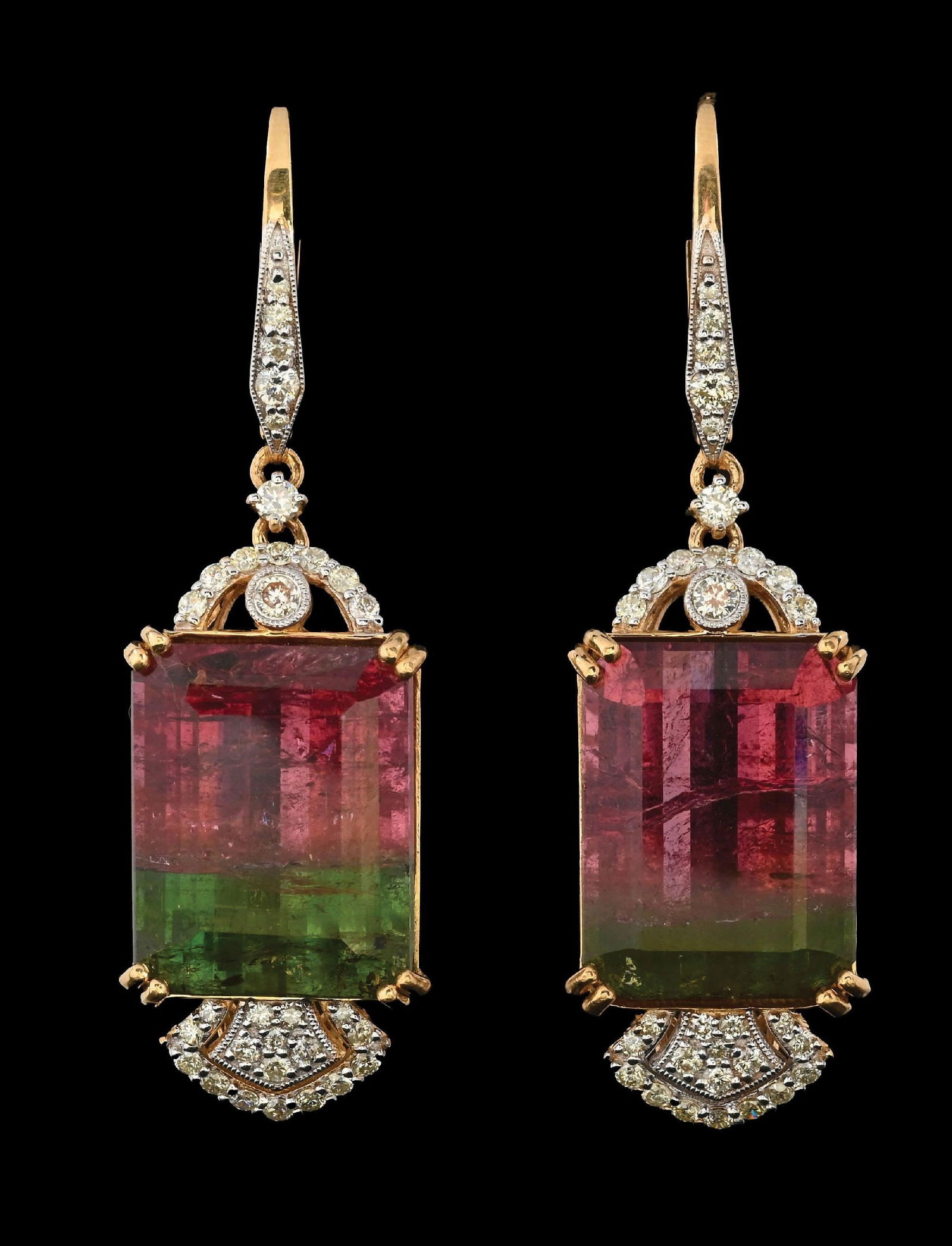 14K GOLD WATERMELON TOURMALINE & DIAMOND EARRINGS W/ APPRAISAL (1 of 4)