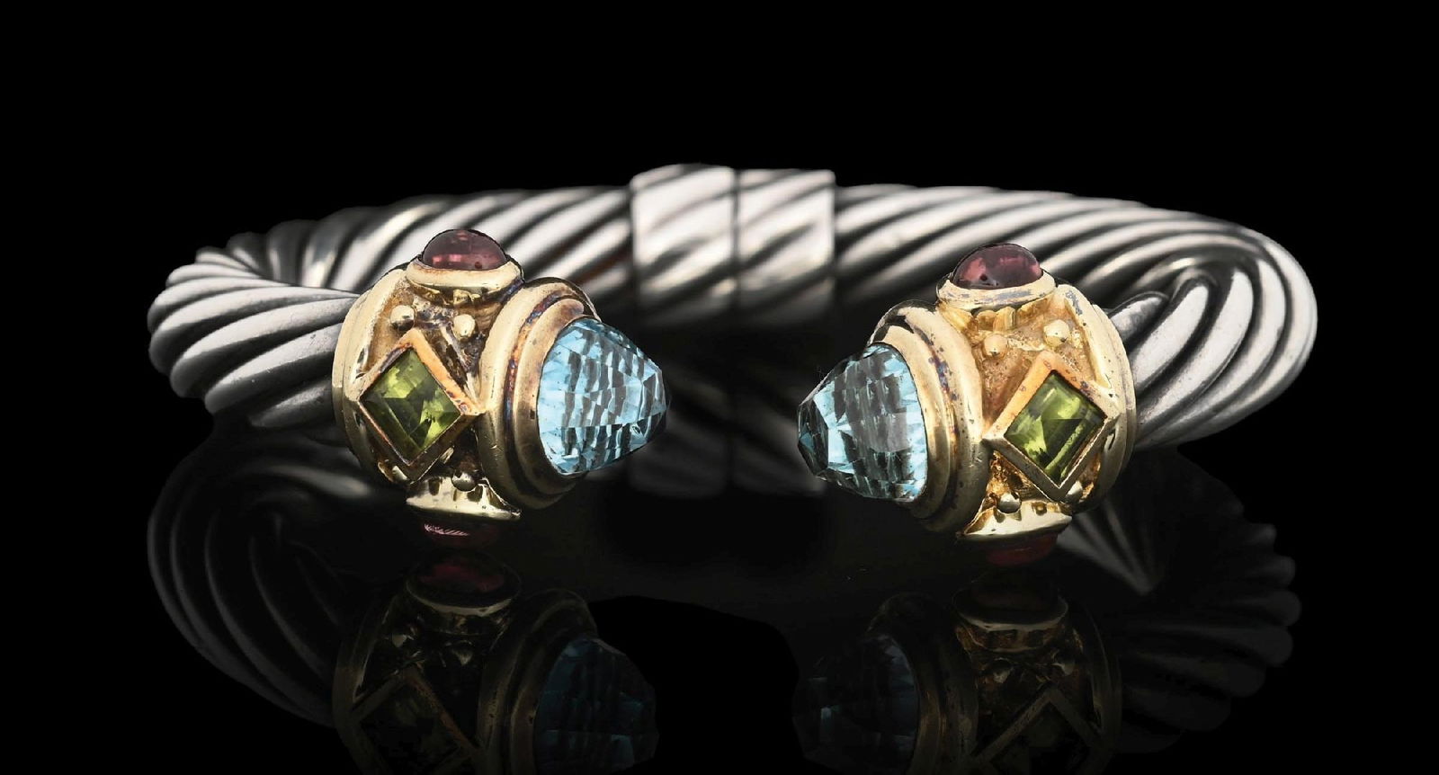 DAVID YURMAN STERLING SILVER & 14K GOLD BLUE TOPAZ & GEM CABLE BRACELET (1 of 6)