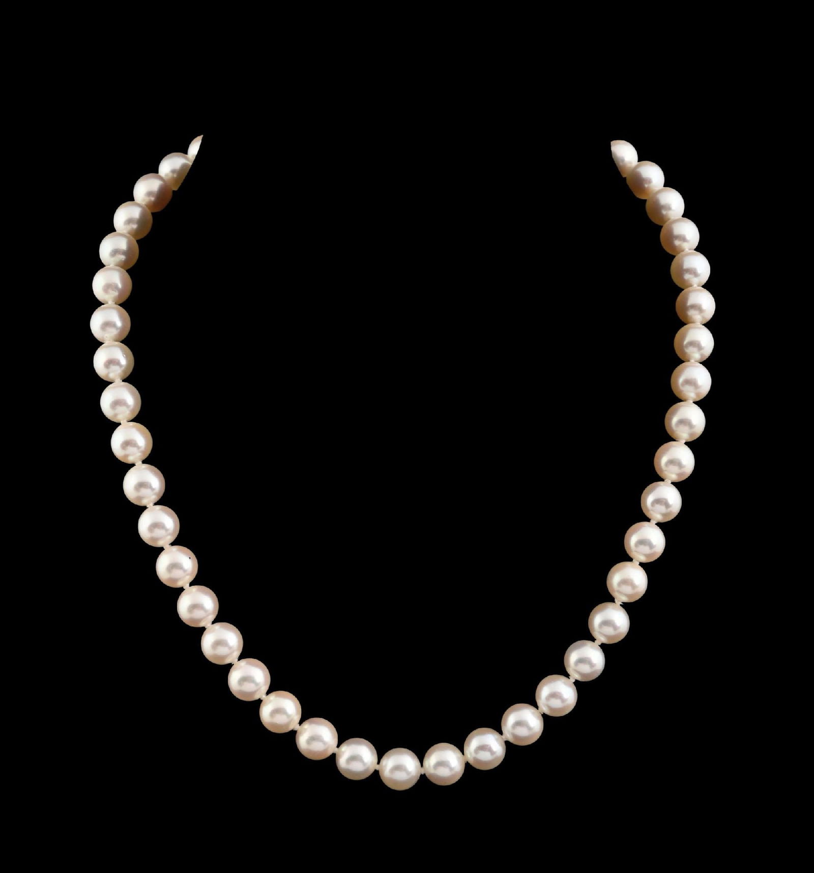 CULTURED PEARL STRAND NECKLACE: Cultured pearl strand necklace with 14k yellow gold clasp consisting of 46 individually knotted white pearls measuring approximately 9mm in diameter, length measures 18", marked "14K" on clasp. Condit