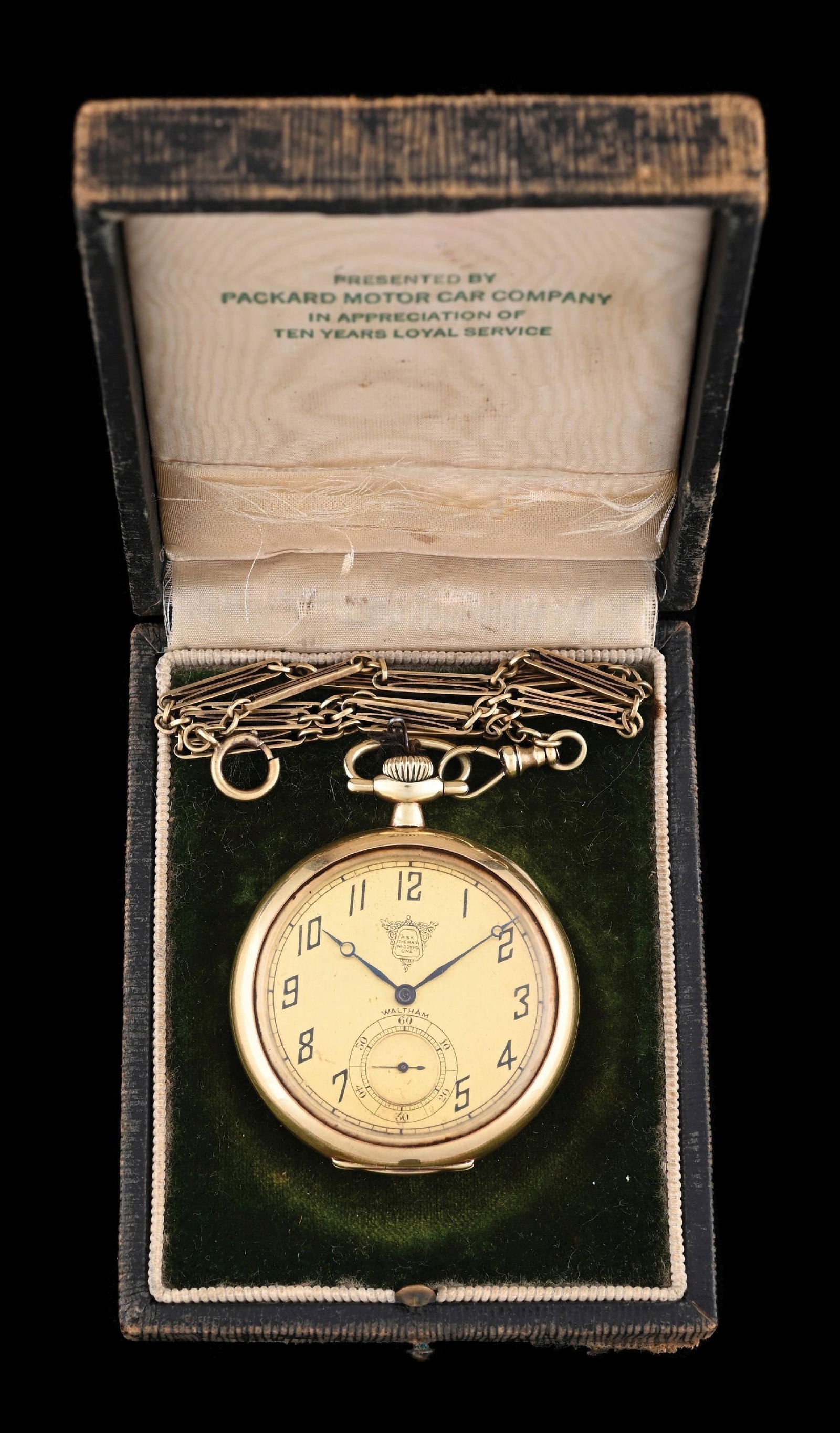 PACKARD MOTOR CAR GOLD WALTHAM POCKET WATCH W/ 14K CHAIN & ORIGINAL CASE (1 of 9)