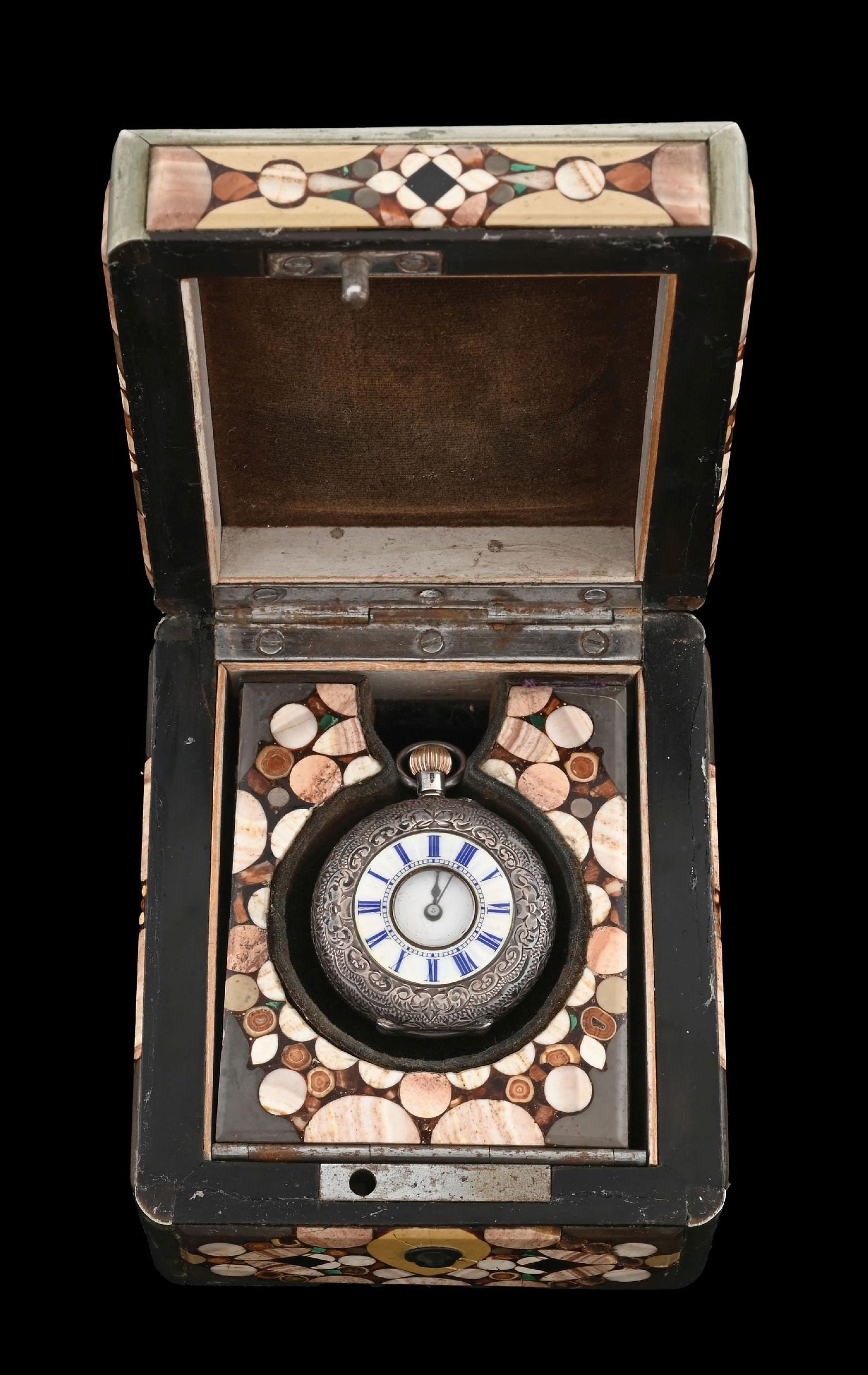 STERLING SILVER .935 ENAMELED DEMI-HUNTER CASED POCKET WATCH WITH INLAID CASE (1 of 9)