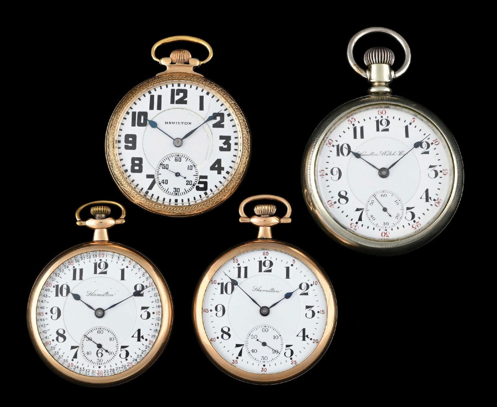 LOT OF 4: HAMILTON OPEN FACE POCKET WATCHES (1 of 3)
