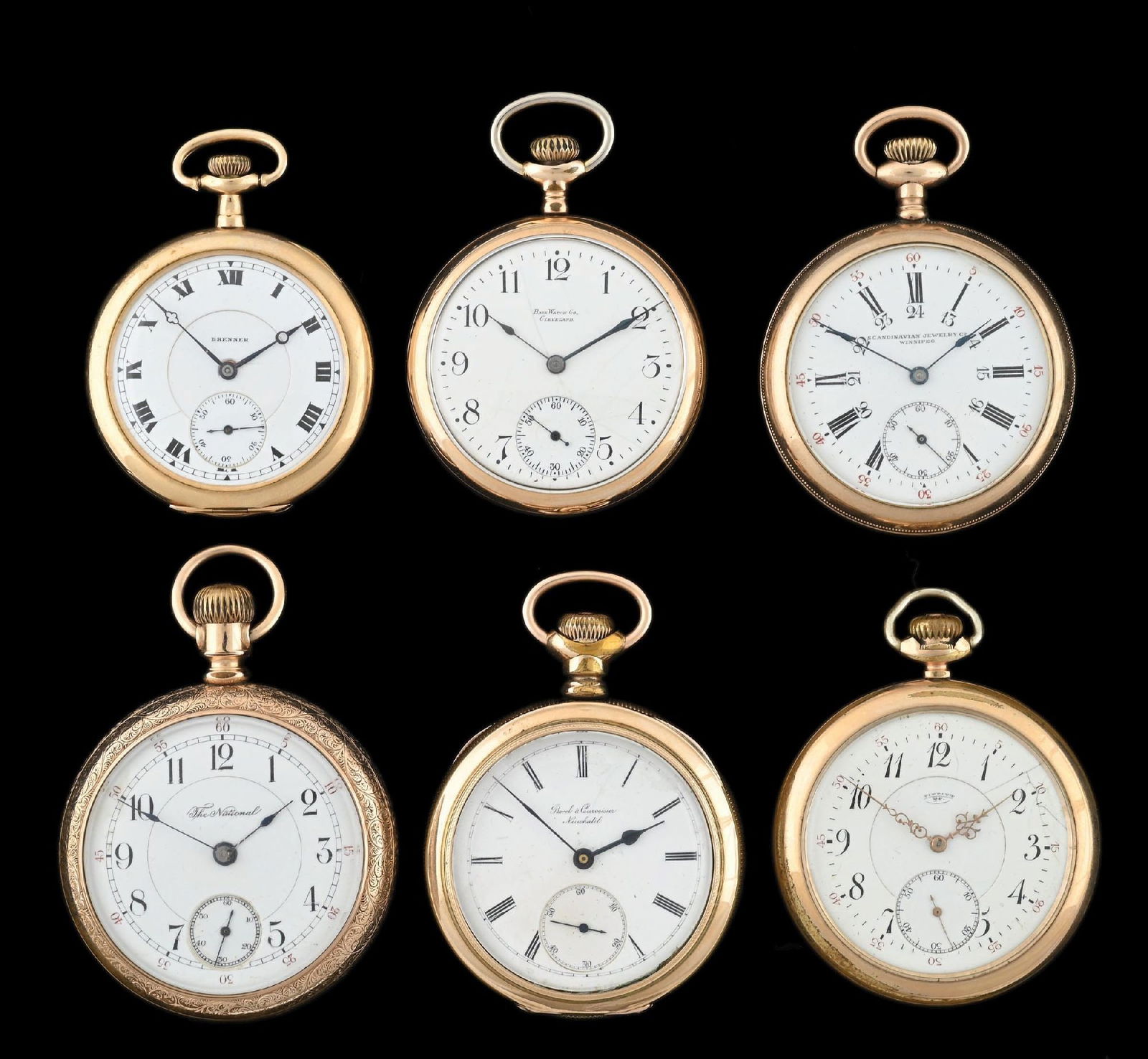 LOT OF 6: OPEN-FACE GOLD-FILLED POCKET WATCHES (1 of 3)