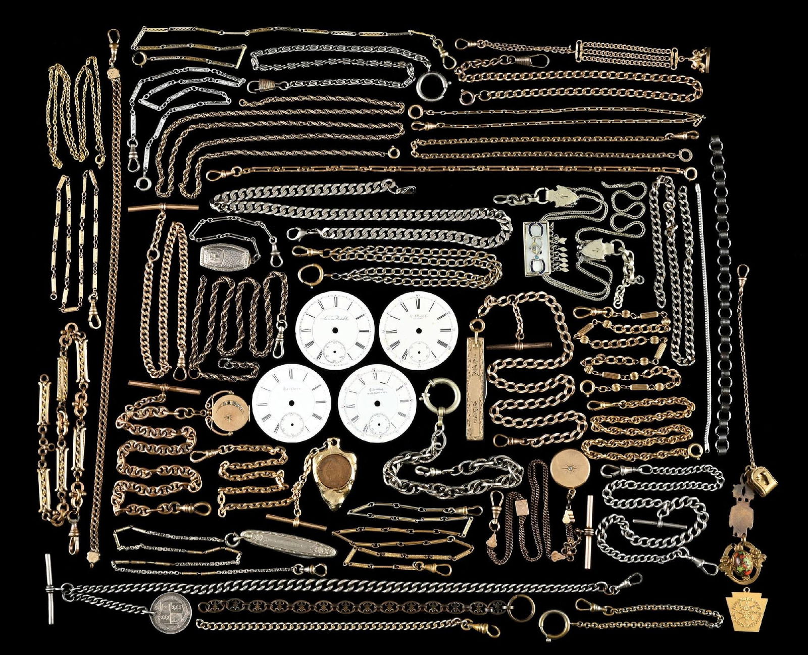 MISC. LOT OF POCKET WATCH CHAINS, DIALS AND FOBS. (1 of 1)