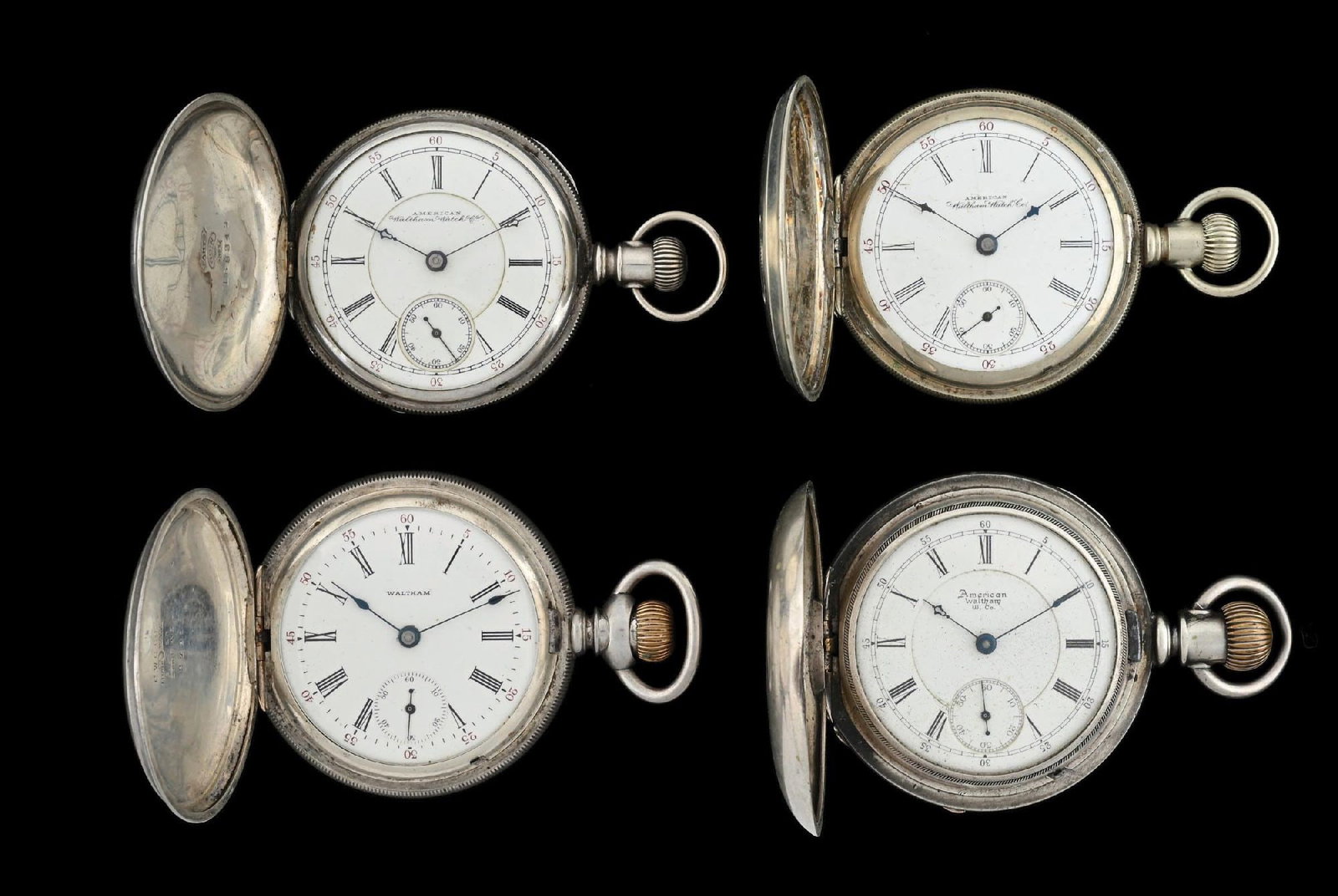 LOT OF 4: WALTHAM HUNTING CASED POCKET WATCHES: Collection of 4 Waltham Hunting Cased Pocket Watches. Three nickel silver, one coin silver. All pocket watches in this lot are untested for functionality, and are being offered as such with no warrant
