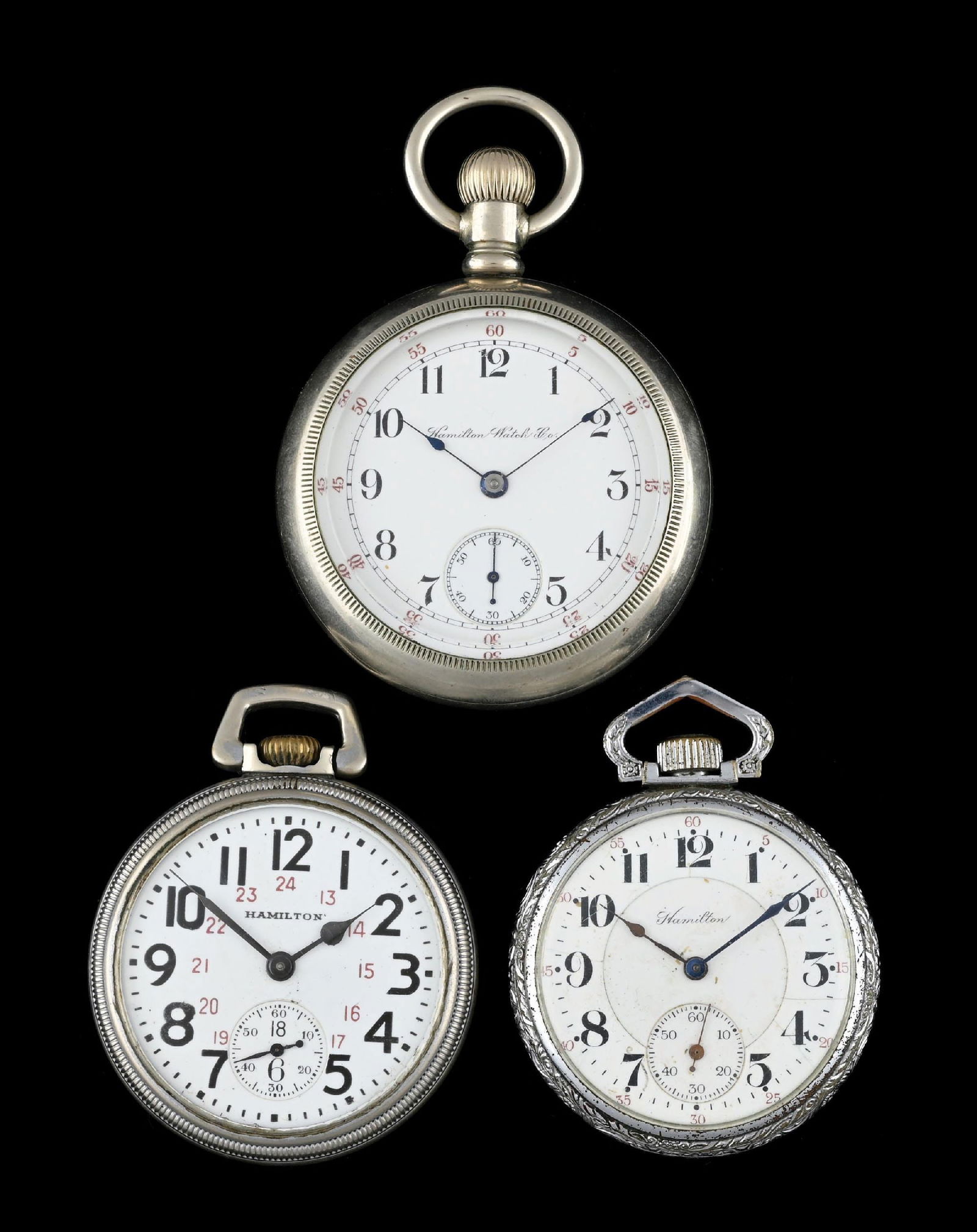 LOT OF 3: HAMILTON OPEN FACE POCKET WATCHES (1 of 3)