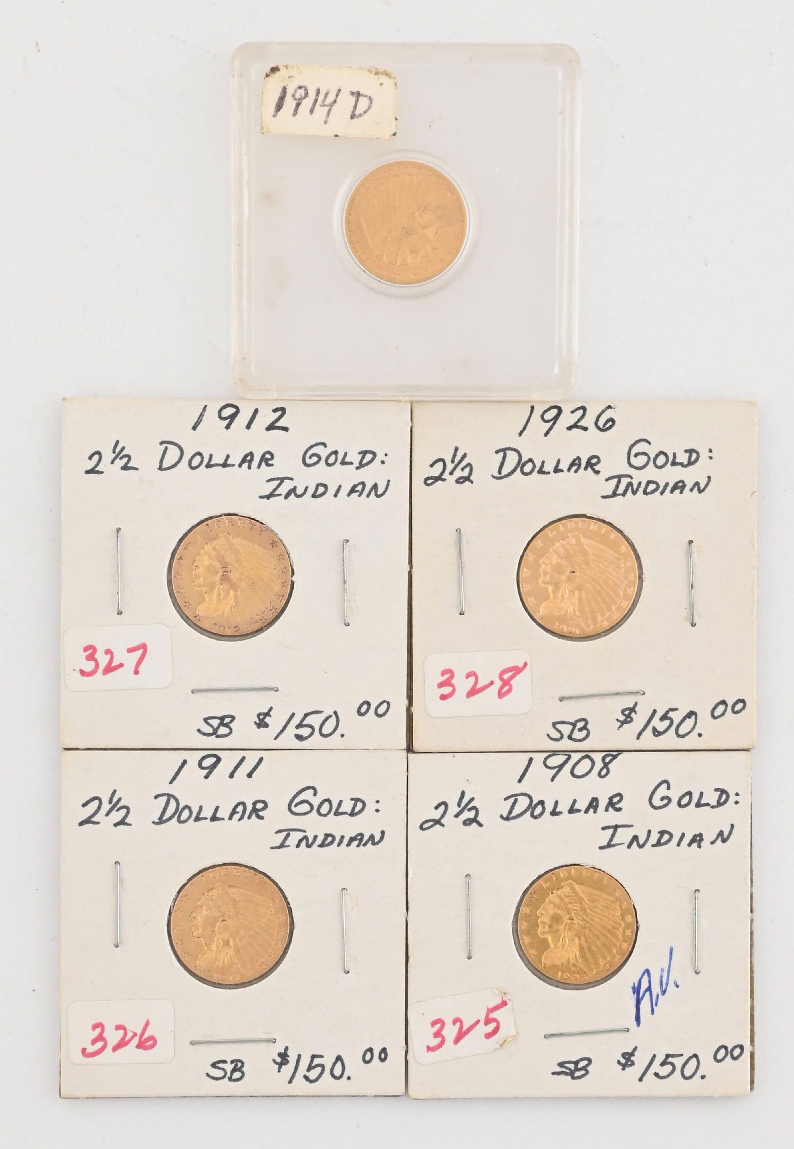 LOT OF 5: TWO AND HALF DOLLAR INDIAN GOLD COINS (1 of 2)