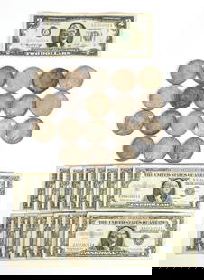 LOT OF: SILVER COINS AND DOLLAR BILLS: Lot includes 18 Silver Dollars and various US notes. Condition: (Excellent). Dimensions: