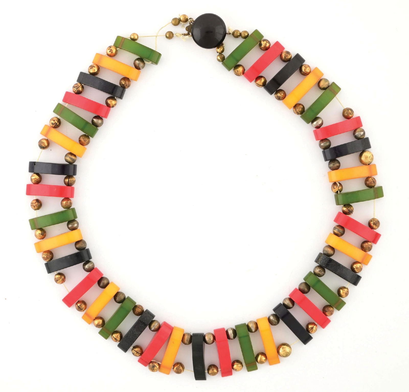 BAKELITE GEOMETRIC SPACER BEAD NECKLACE: This necklace features the classic, highly sought-after "Philadelphia" colors: Black, apricot, green and red. Each Bakelite piece is separated by two snap on metal beads and features a functioning Bak