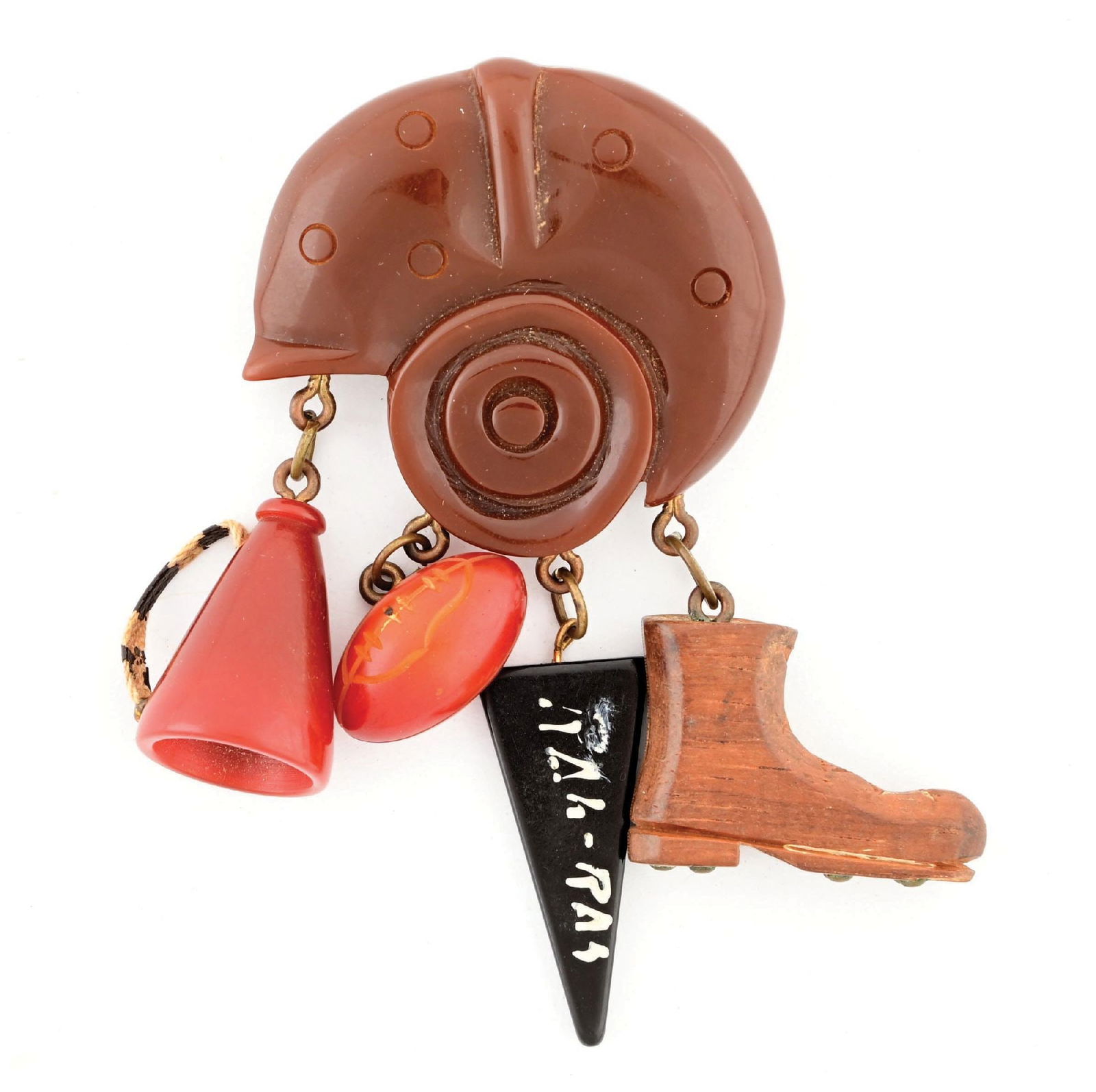 BAKELITE FOOTBALL THEMED BROOCH: Bakelite Football helmet brooch with dangling charms, including a cheer horn, football, "Rah Rah" pendent, and boot. Boot appears to be made out of wood or other material that isn't Bakelite. Great de