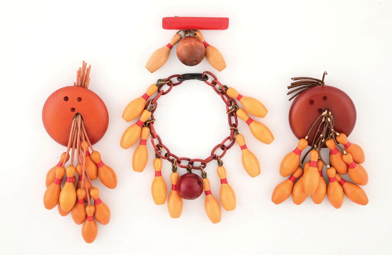 LOT OF 4: BOWLING BAKELITE BRACELET & BROOCHES (1 of 2)