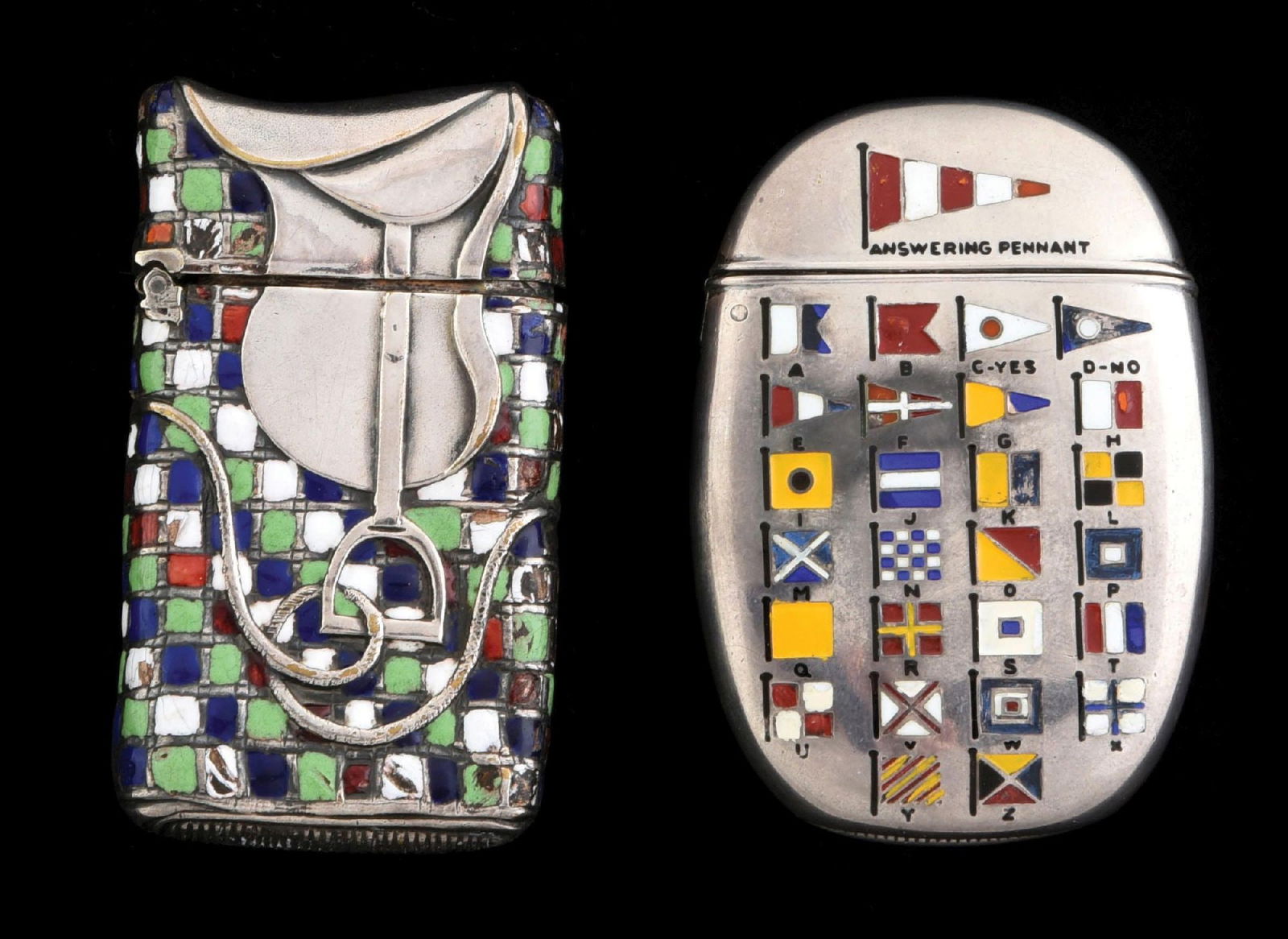 LOT OF 2: VINTAGE ENAMELED MATCH SAFES: Beautiful pair of silver and enameled match safes. Condition: Dimensions: Largest: 1 - 3/4" x 2 - 1/2".