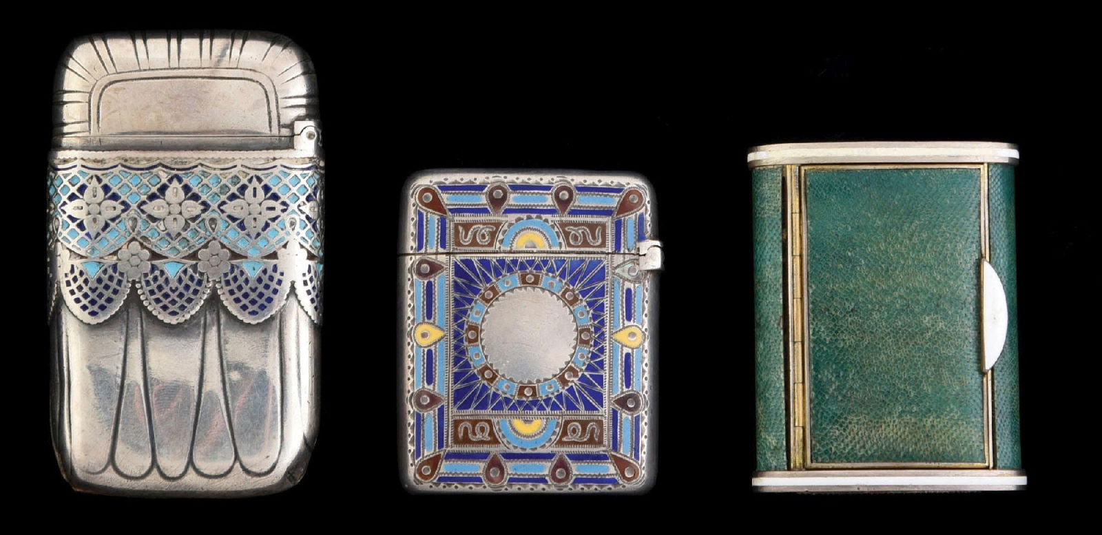 LOT OF 3: ENAMELED MATCH SAFES: Lot of three enameled silver match safes. Condition: (Excellent). Dimensions: Largest: 1 - 1/2" x 2 - 1/2".