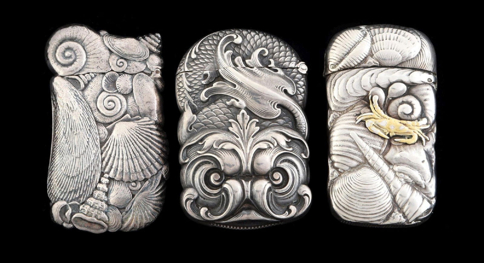 LOT OF 3: VINTAGE JAPANESE MATCH SAFES: Nice grouping of Japanese match safes. Condition: (Excellent). Dimensions: Largest: 1 - 1/2" x 2 - 1/2".