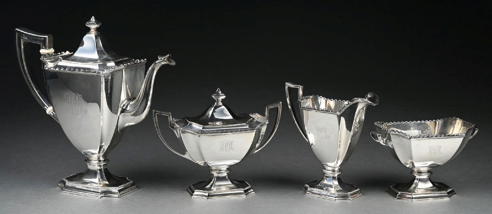 SET OF 4 GORHAM STERLING SILVER COFFEE AND TEA SET: Gorham Manufacturing, marked "Sterling". Tallest Dimension: 10-1/4". Gross Approximate Weight: 55.4 t oz. Condition: (Very Good - Excellent). Dimensions: Largest: 4 - 1/2" x 3 - 1/4" x 10 - 1/2".