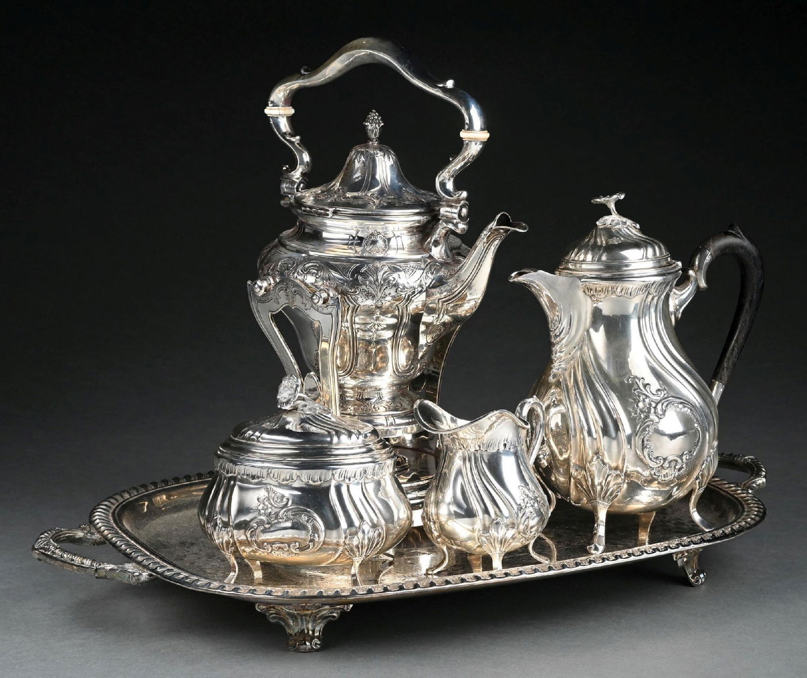 SET OF 4 3 COIN SILVER COFFEE & TEA SERVICE W/ SILVER PLATED TRAY (1 of 5)