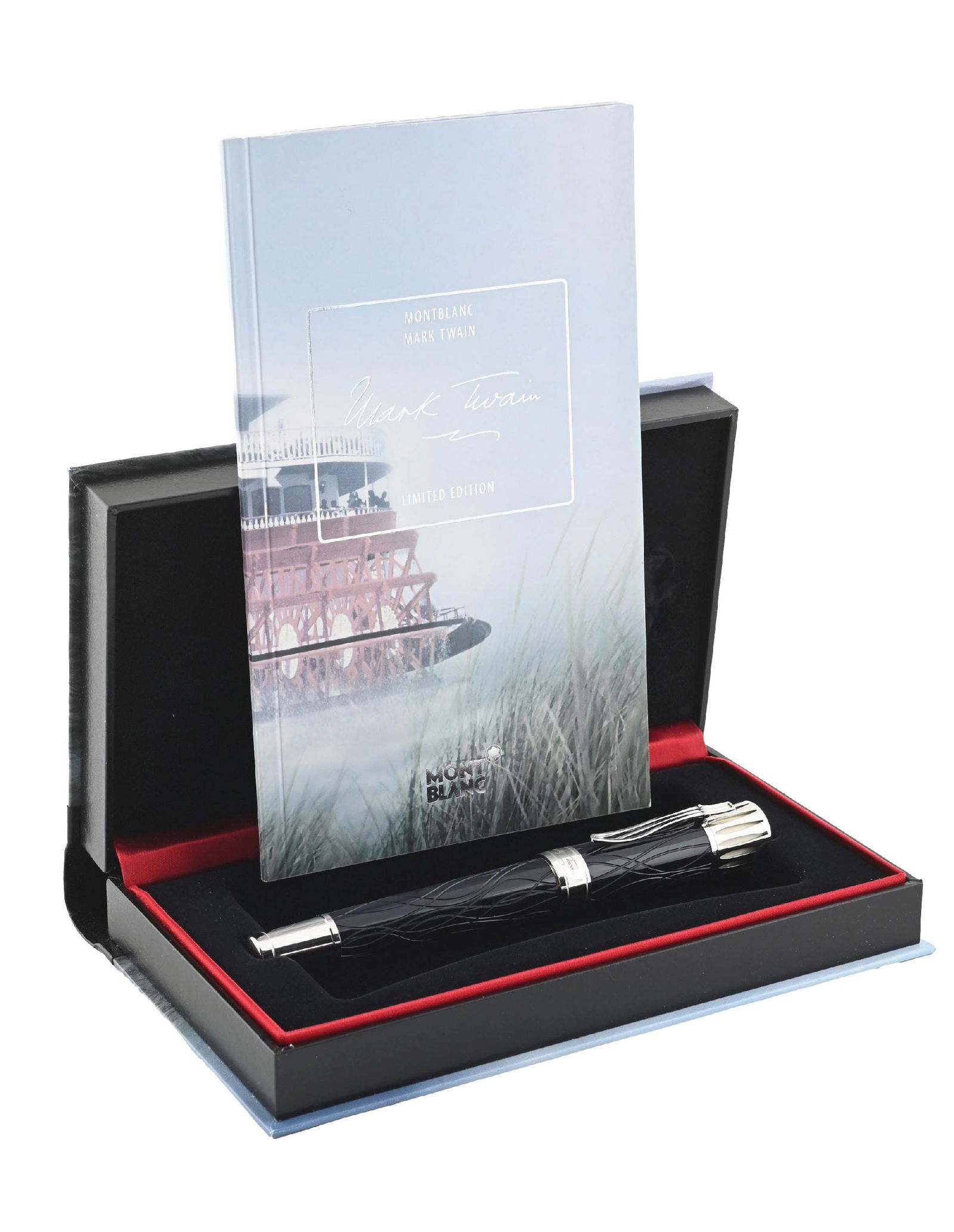 MONTBLANC WRITERS EDITION MARK TWAIN PEN: Montblanc Writers Edition from 2010 Mark Twain Rollerball ID 105637. Comes with booklet. New in box. Condition: (Near Mint). Dimensions: Box: 7 - 3/8" x 4 - 5/8" x 1 - 3/4".