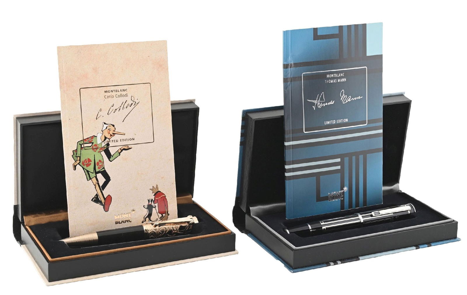 LOT OF 2: MONTBLANC WRITERS EDITION THOMAS MANN & CARLO COLLODI PENS: Montblanc Writers Edition von 2009 Thomas Mann Roller Ball ID 104321. Montblanc Limited Writers Ed. Carlo Collodi Pinocchio Ballpoint Pen ID106643. New in boxes. Condition: (Near Mint). Dimensions: Ea