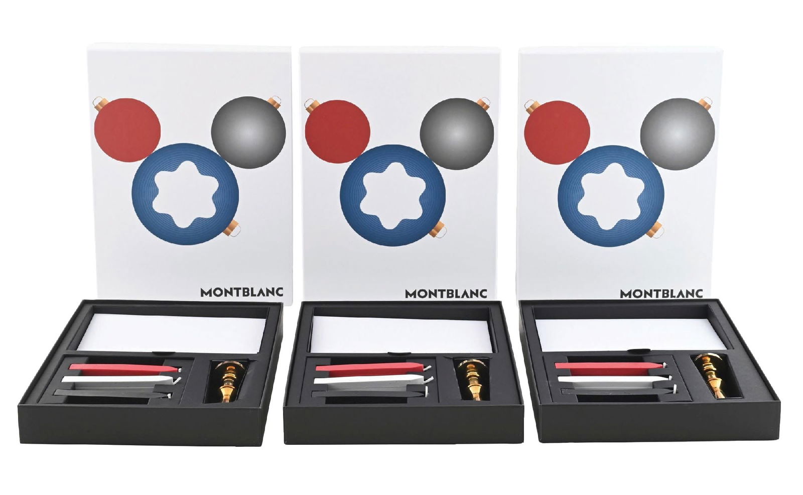 LOT OF 3: MONTBLANC WAX AND BRASS IMPRESSION SETS: Includes various color candles, stamps and etc. New in boxes. Condition: (Near Mint). Dimensions: Each Box: 10 - 1/4" x 7 - 1/2" x 1 - 3/8".