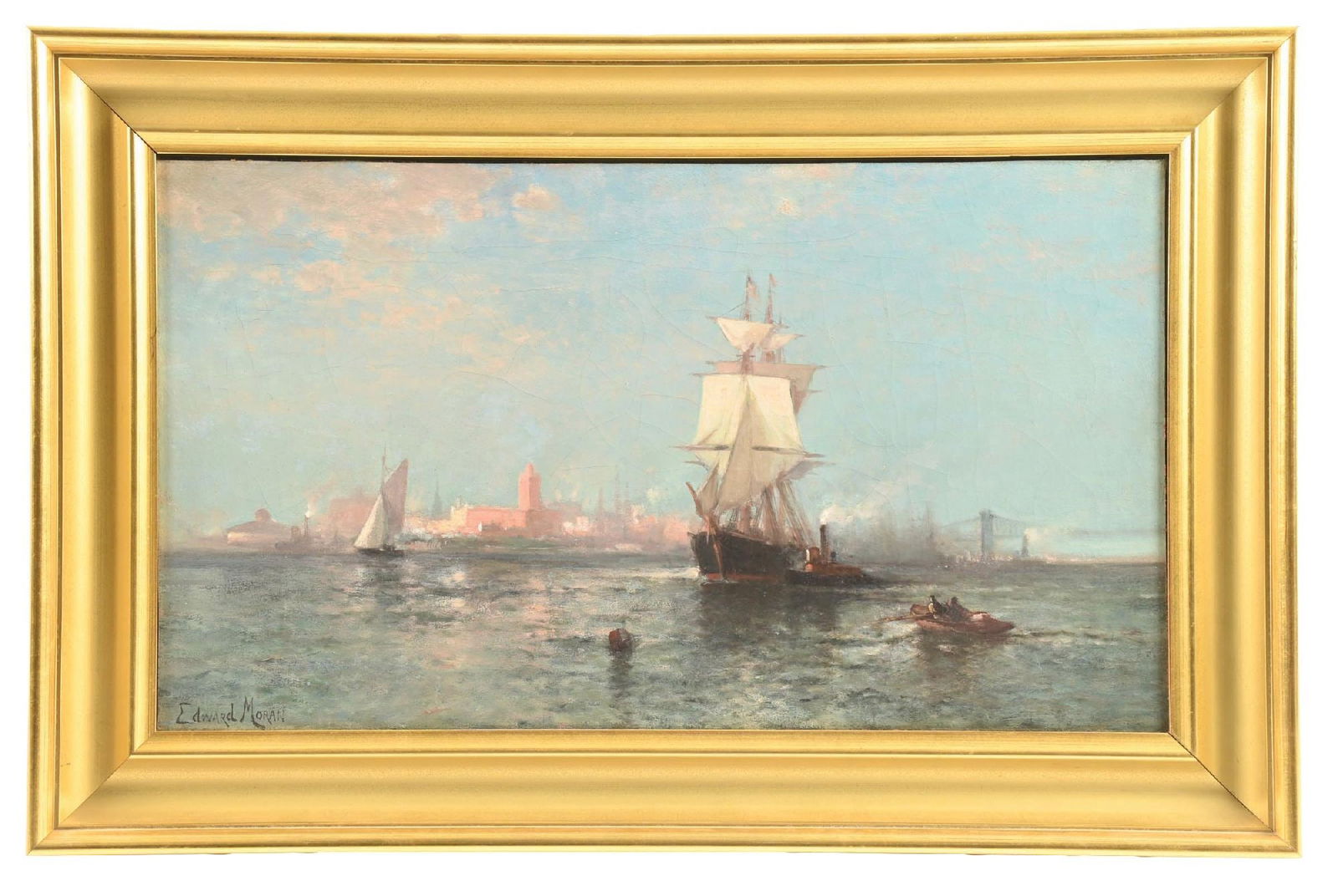 EDWARD MORAN (AMERICAN, 1829-1901): New York Harbor Oil on re-lined canvas Signed lower-left corner "Edward Moran" 16-3/8 x 28-3/4 in. (41.6 x 73 cm) Framed to 22-3/8 x 34-3/8 x 2-1/4 in. (56.83 x 87.31 x 5.71 cm) Condition Back of the