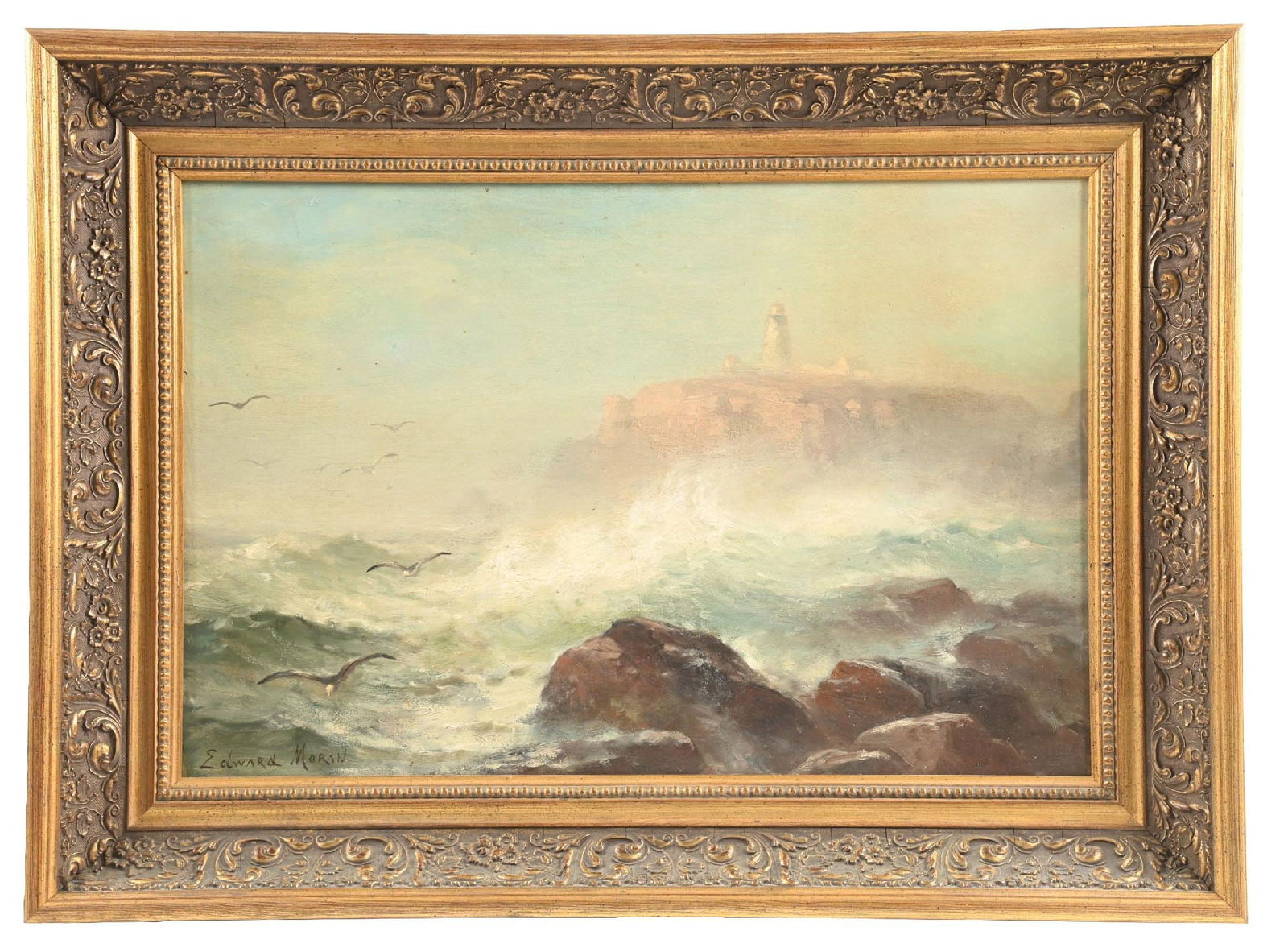 EDWARD MORAN (AMERICAN, 1829-1901): Cape Elizabeth Lighthouse, Maine Oil on canvas Signed lower-left "Edward Moran" 16-1/8 x 24-1/8 in. (40.9 x 61.3 cm) Framed 22-3/8 x 30-1/4 in. (56.8 x 76.8 cm) Provenance Previously owned by Thomas B