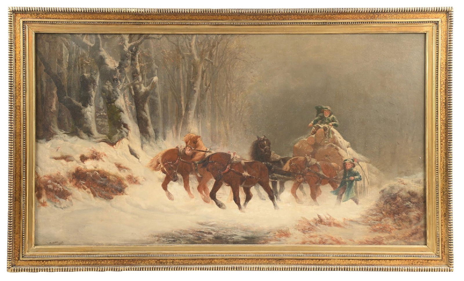 ATRIBUTED TO THOMAS MORAN (1837-1926): Snow Scene Oil on re-lined canvas Signed and dated lower-left "T. Moran, 1869" 25 x 45 in. (63.5 x 114.3 cm) Framed 29-3/4 x 50 in. (75.6 x 127 cm) Condition Painting has been professionally re-framed