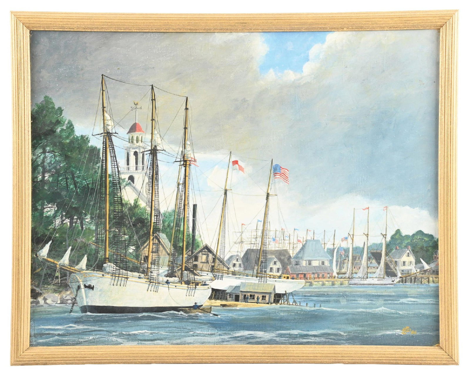 SHIPS IN THE HARBOR OIL PAINTING: Untitled (New England Cape Anne Harbor Scene) Oil on panel Artist monogram signature, dated 1986 22-1/4 x 28-7/8 in. (56.5 x 73.3 cm) Framed 24-3/4 x 31-1/2 in. (62.9 x 80 cm) Condition Excellent vint