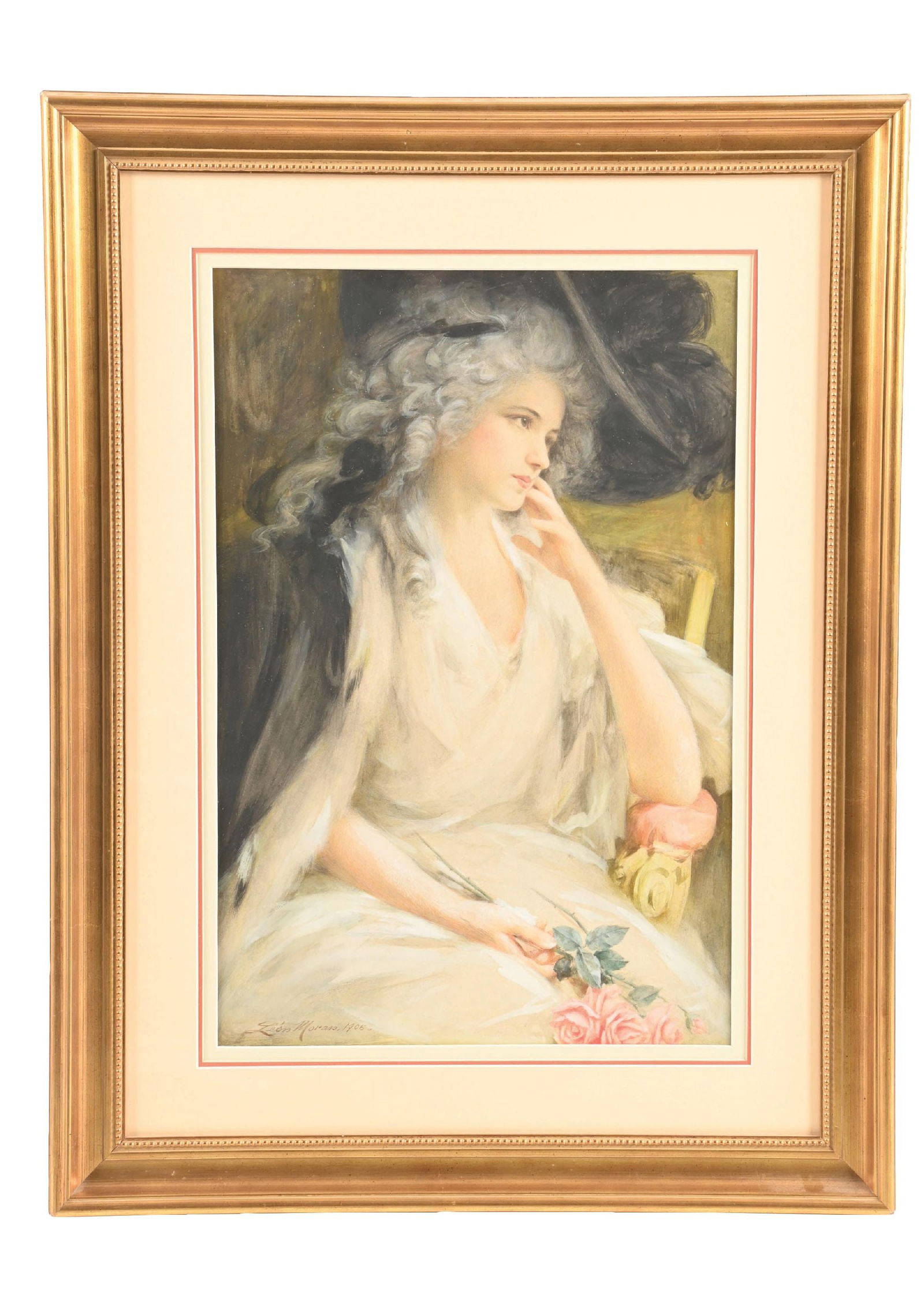 LEON MORAN (AMERICAN, 1864-1941): Untitled (Woman with Roses) Mixed media on paper Signed and dated lower-left "Leon Moran, 1905." Sheet 20-1/2 x 13-3/4 in. (52 x 40 cm) Framed 29-5/8 x 22-1/2 in. (75.4 x 57.1 cm) Condition Excellent.