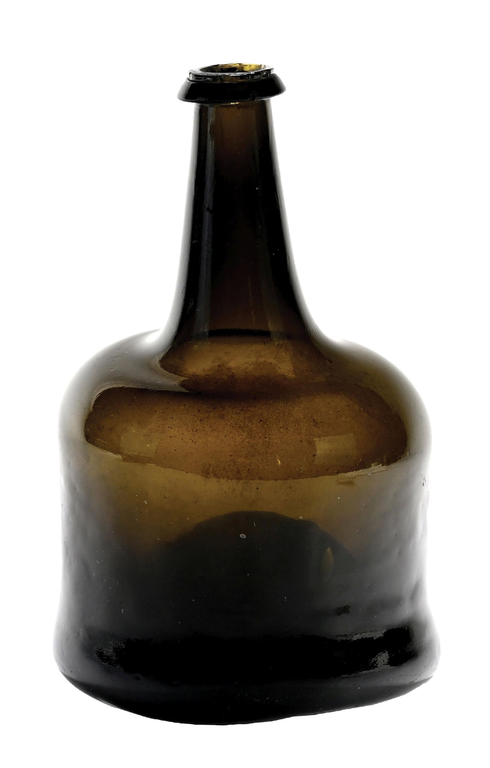 BLACK GLASS ONION WINE BOTTLE: Early green-black onion wine bottle with iron pontil, applied disc-like string rim, and kicked-in base. There are some minor fleabites throughout, some tape residue, and some chips around the lip. Thi