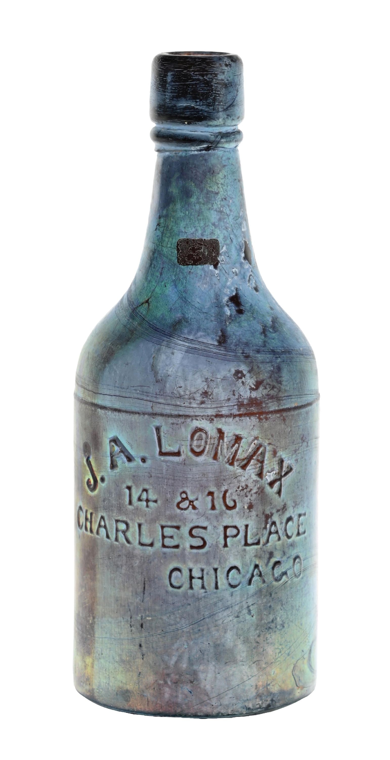 J. A. LOMAX 14 & 16 CHARLES PLACE CHICAGO EMBOSSED GLASS BOTTLE (1 of 5)
