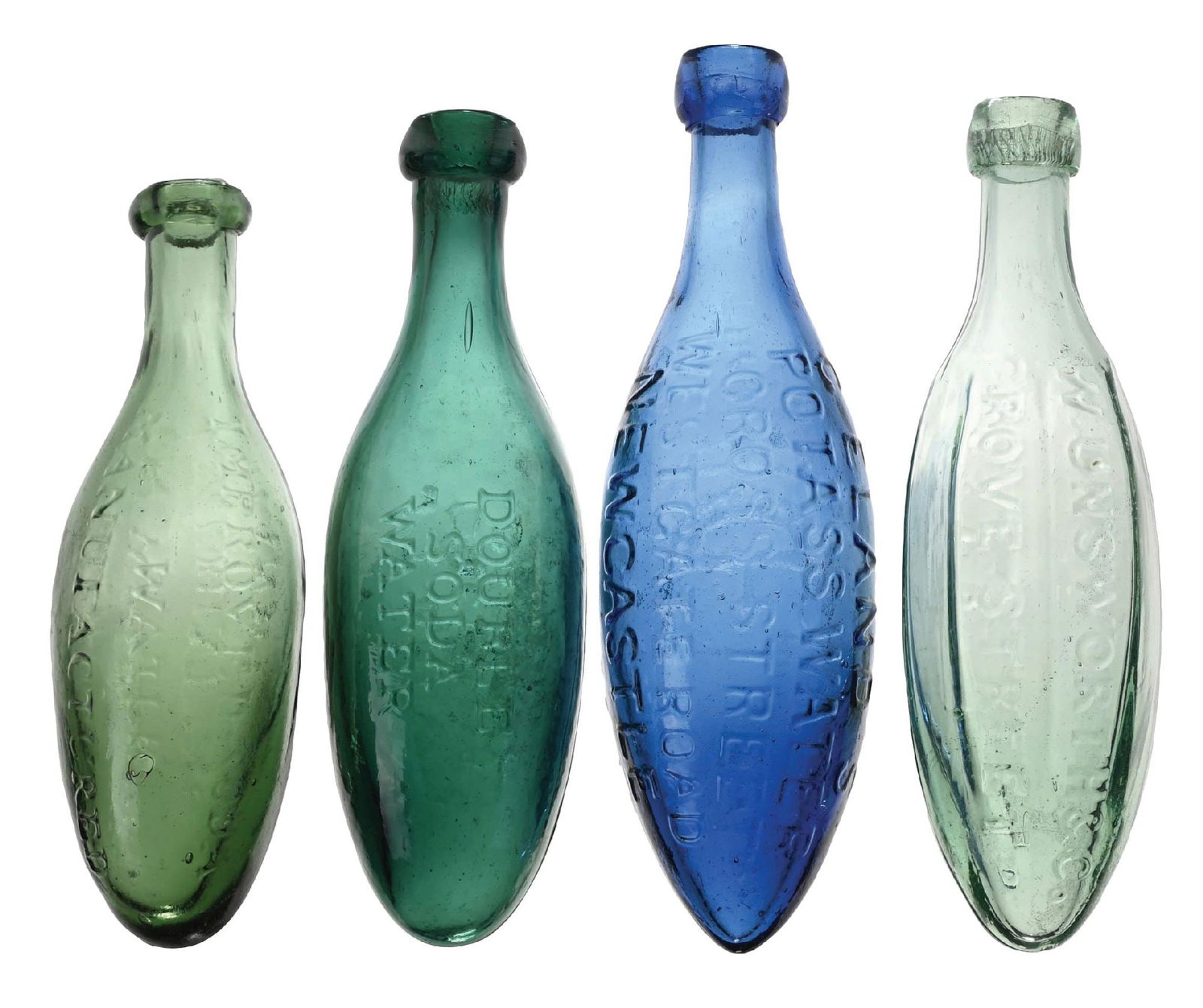 LOT OF 4: GLASS TORPEDO BOTTLES IN VARIOUS COLORS (1 of 5)